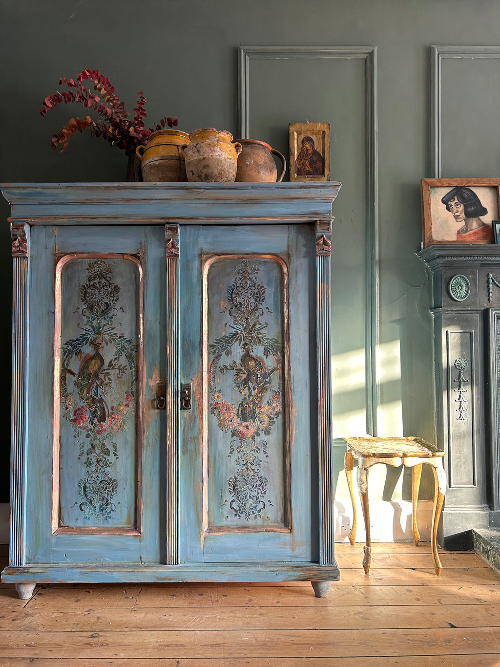 Vintage French Linen Press with Inlaid Chinoiserie Panels