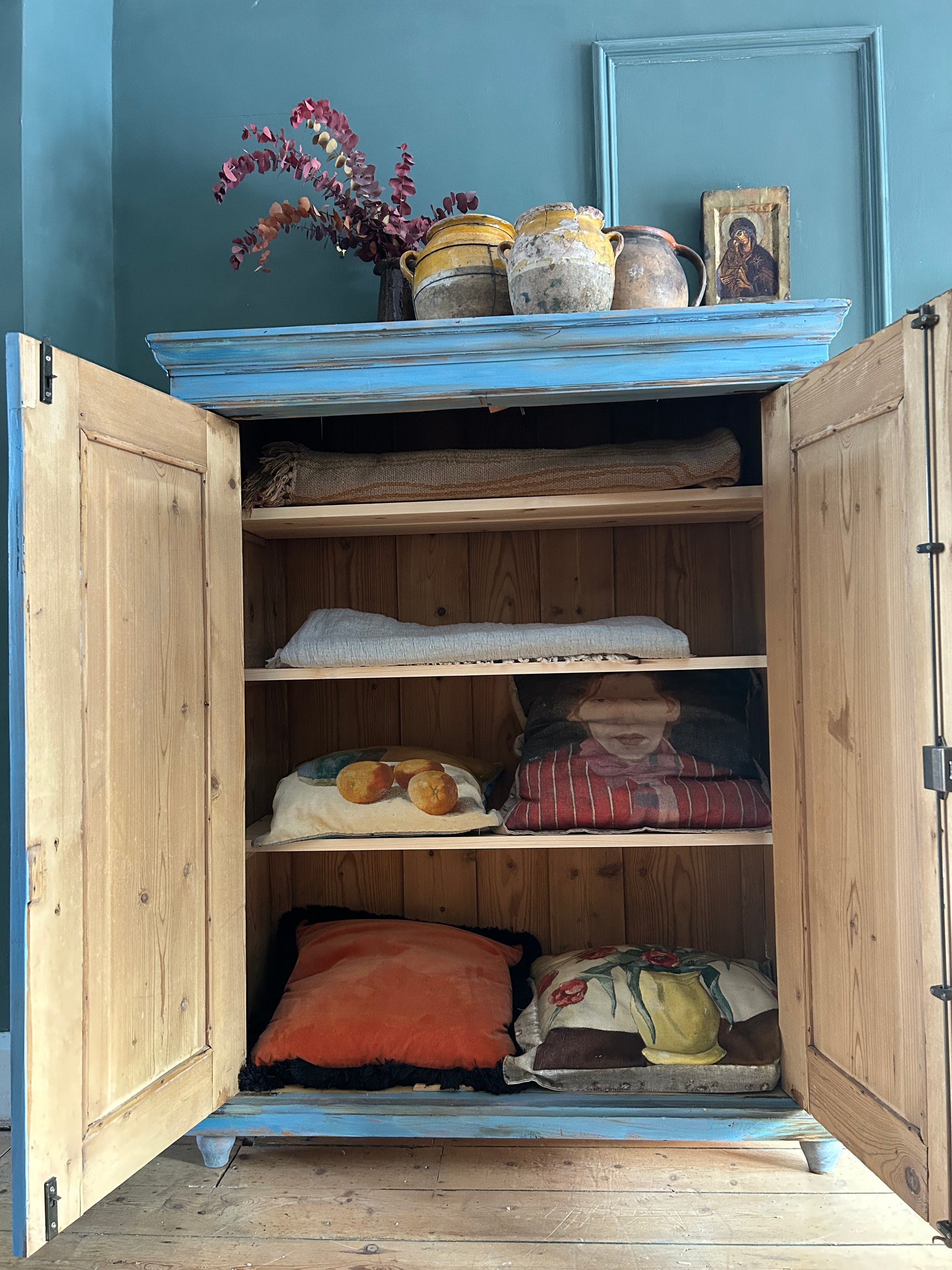 Vintage French Linen Press with Inlaid Chinoiserie Panels