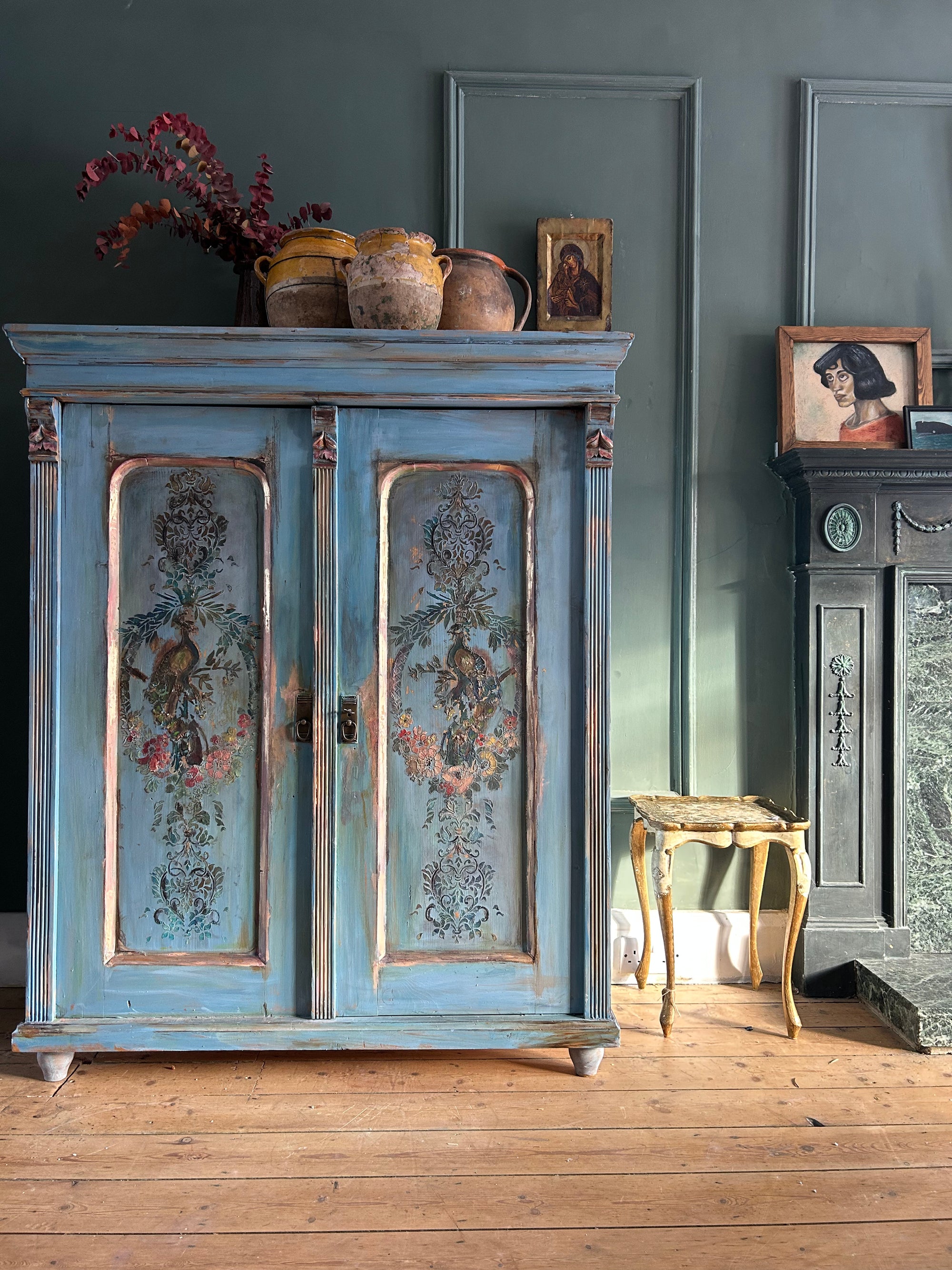 Vintage French Linen Press with Inlaid Chinoiserie Panels