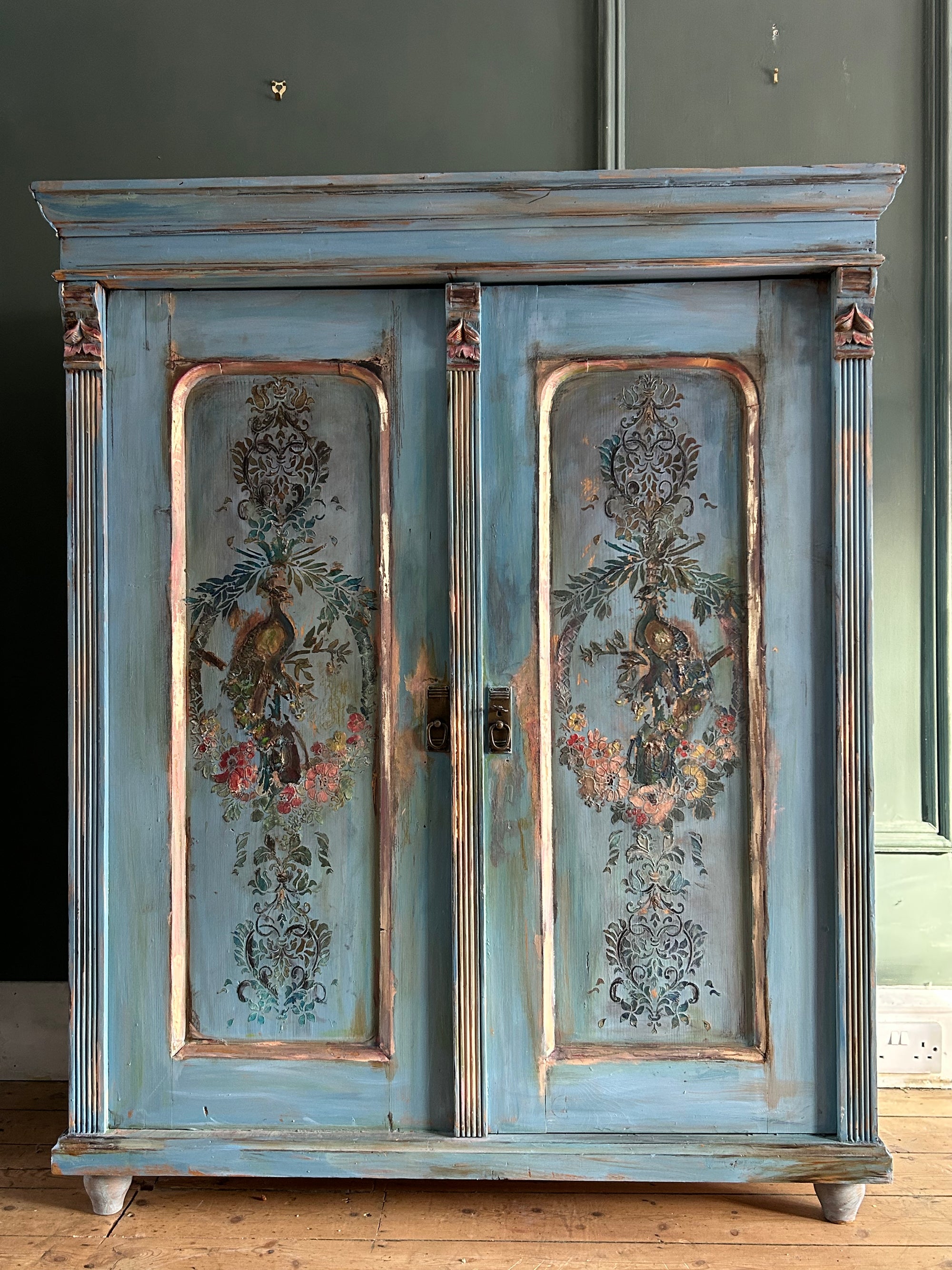 Vintage French Linen Press with Inlaid Chinoiserie Panels