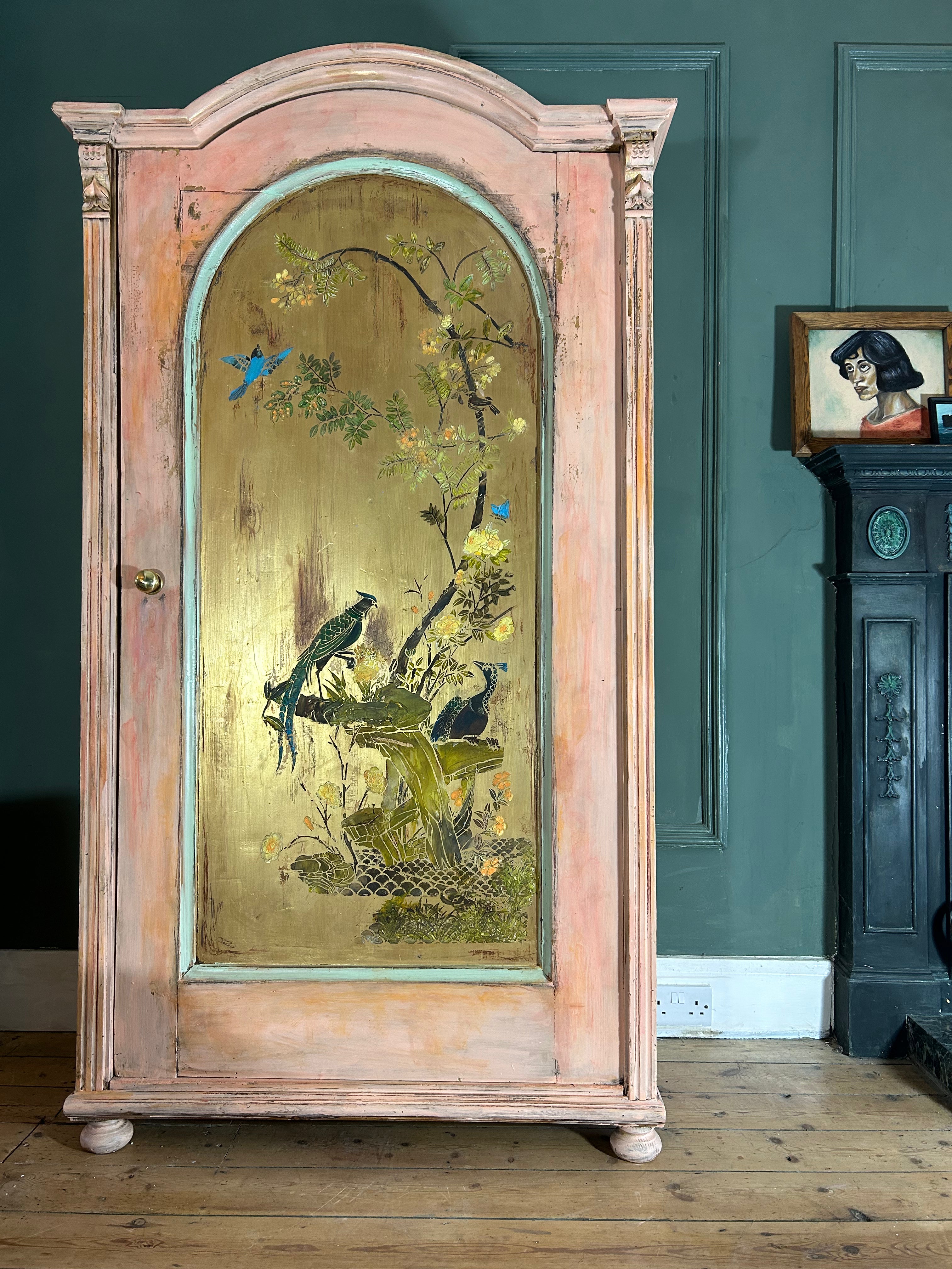 Vintage Painted Pine Wardrobe:Armoire with Inlaid Chinoiserie