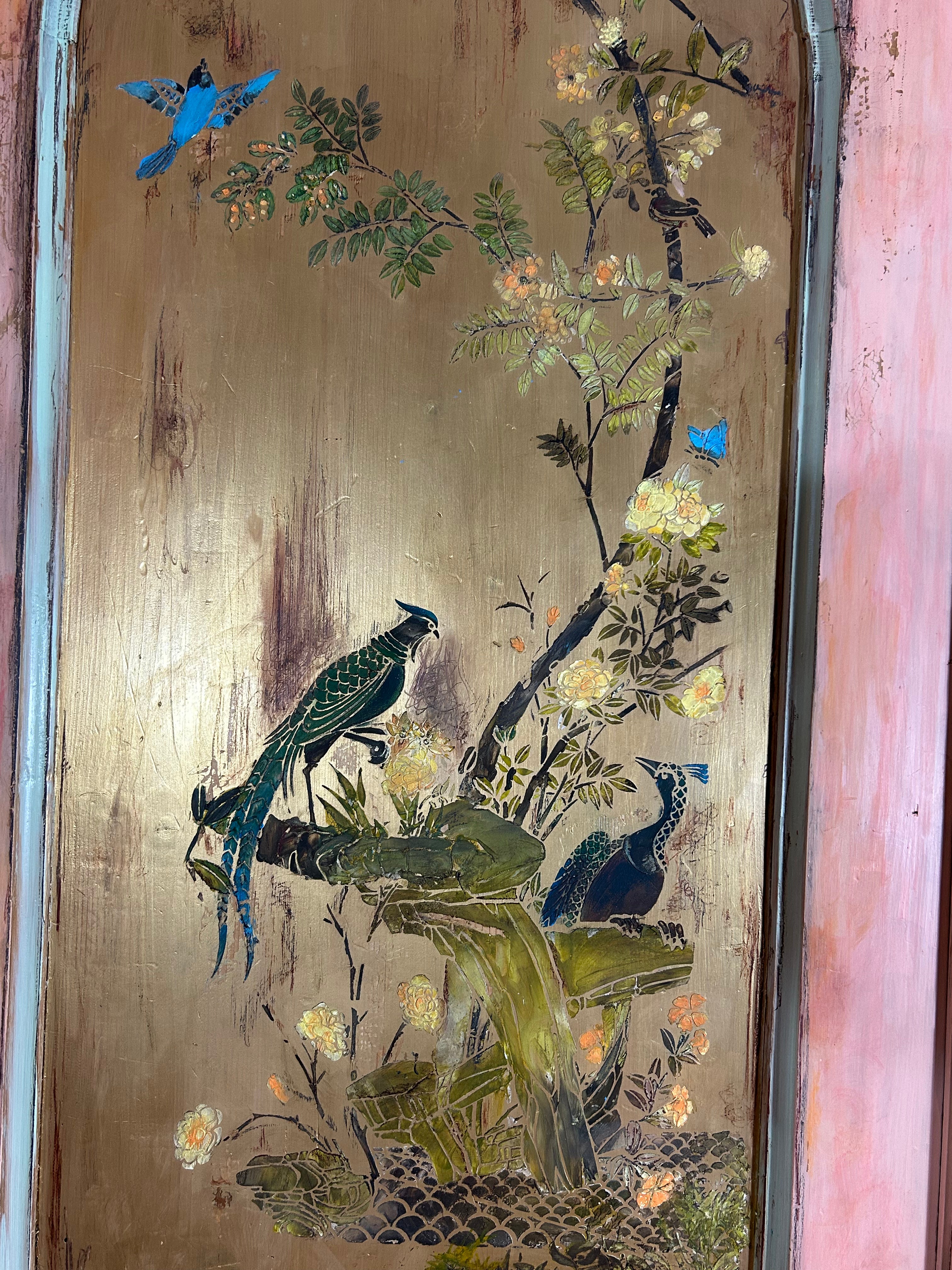 Vintage Painted Pine Wardrobe:Armoire with Inlaid Chinoiserie