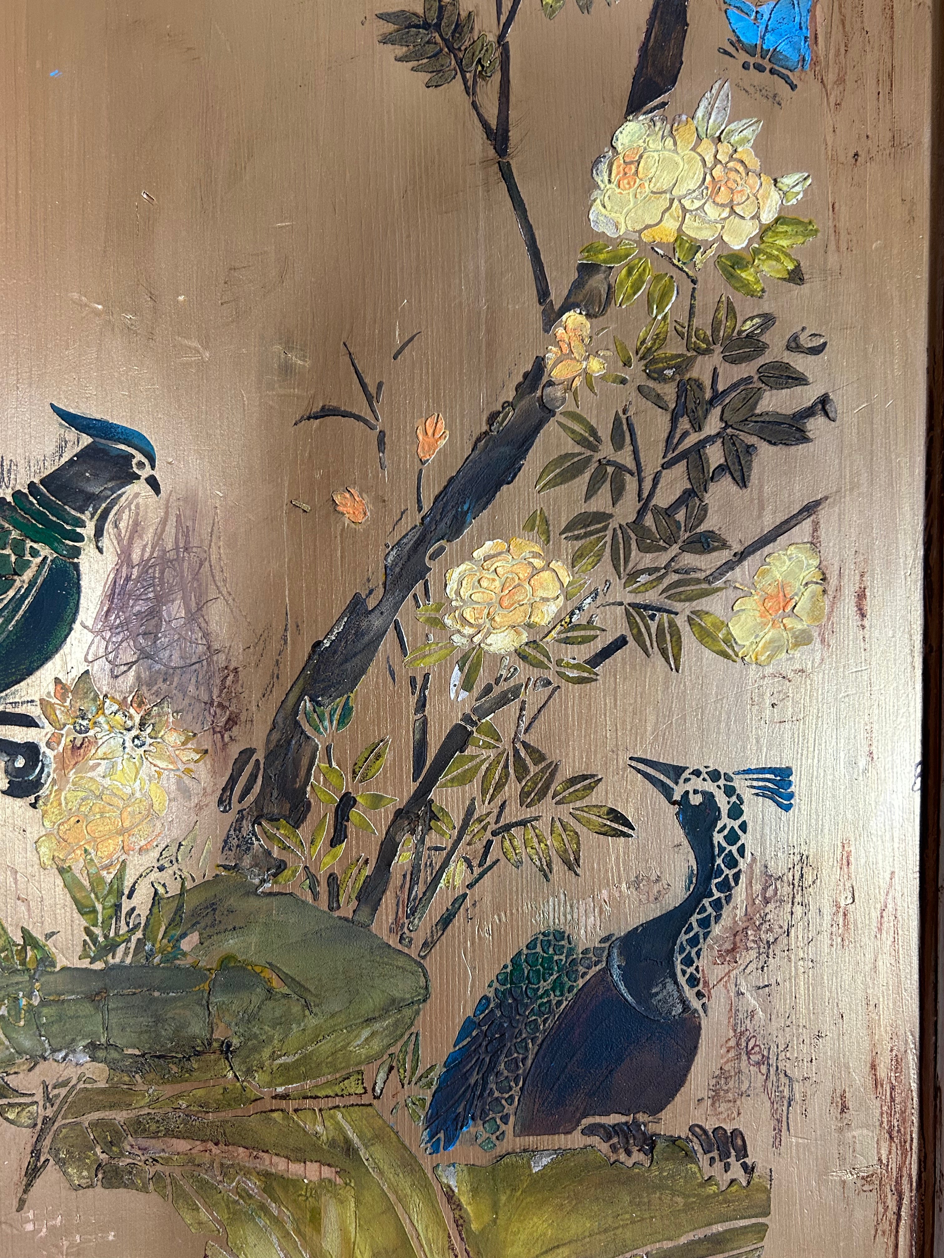 Vintage Painted Pine Wardrobe:Armoire with Inlaid Chinoiserie