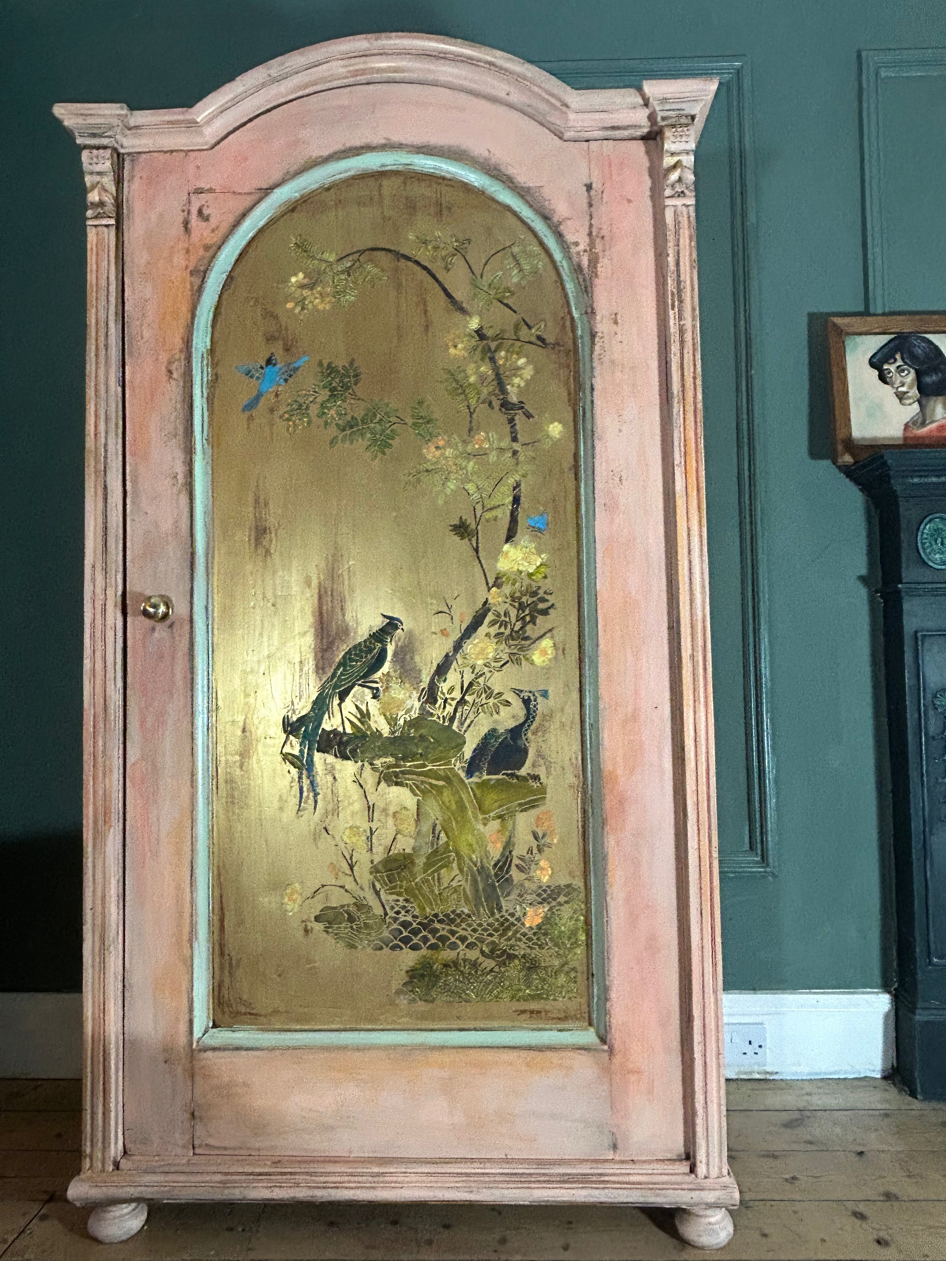 Vintage Painted Pine Wardrobe:Armoire with Inlaid Chinoiserie