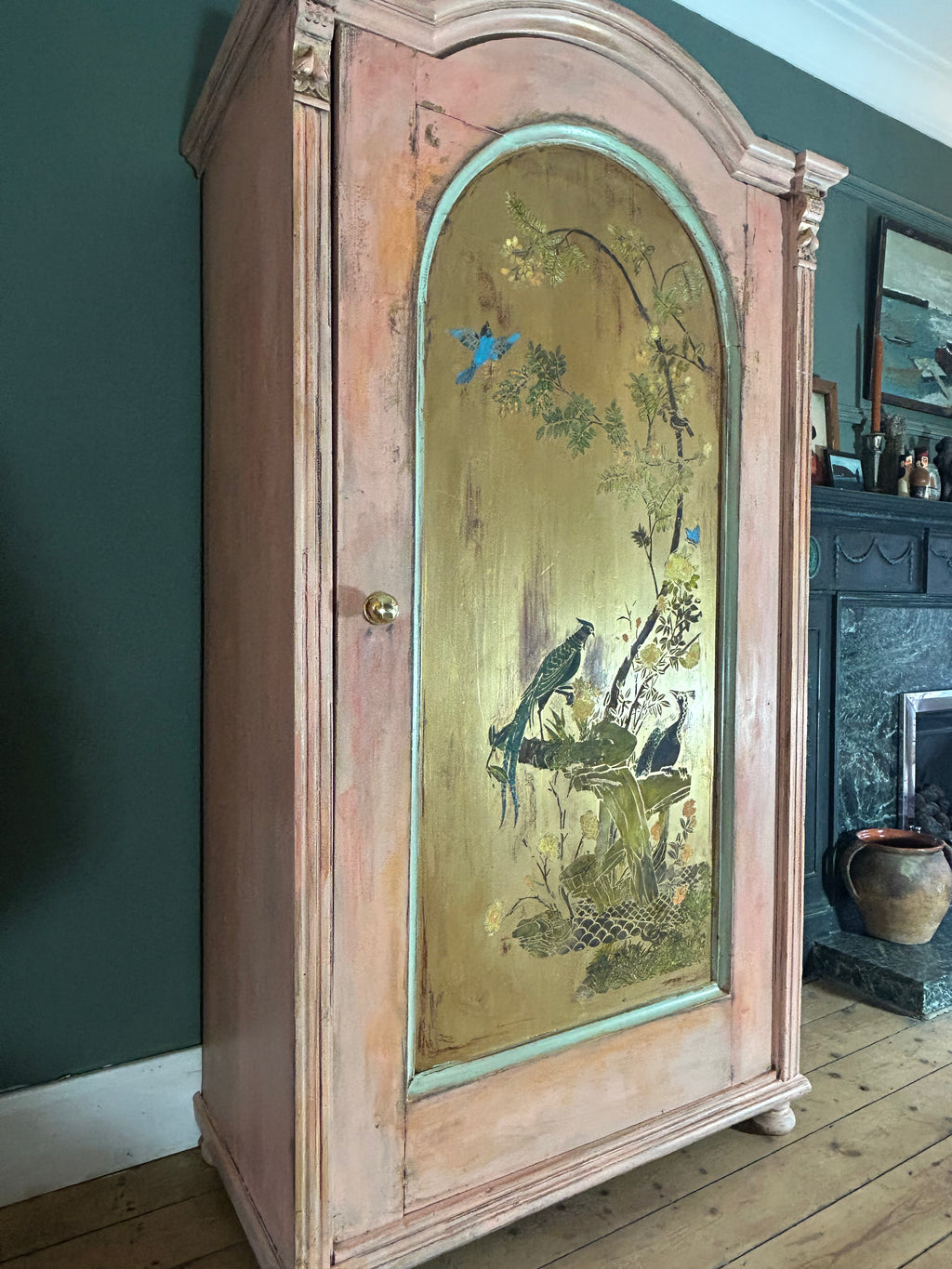Vintage Painted Pine Wardrobe:Armoire with Inlaid Chinoiserie
