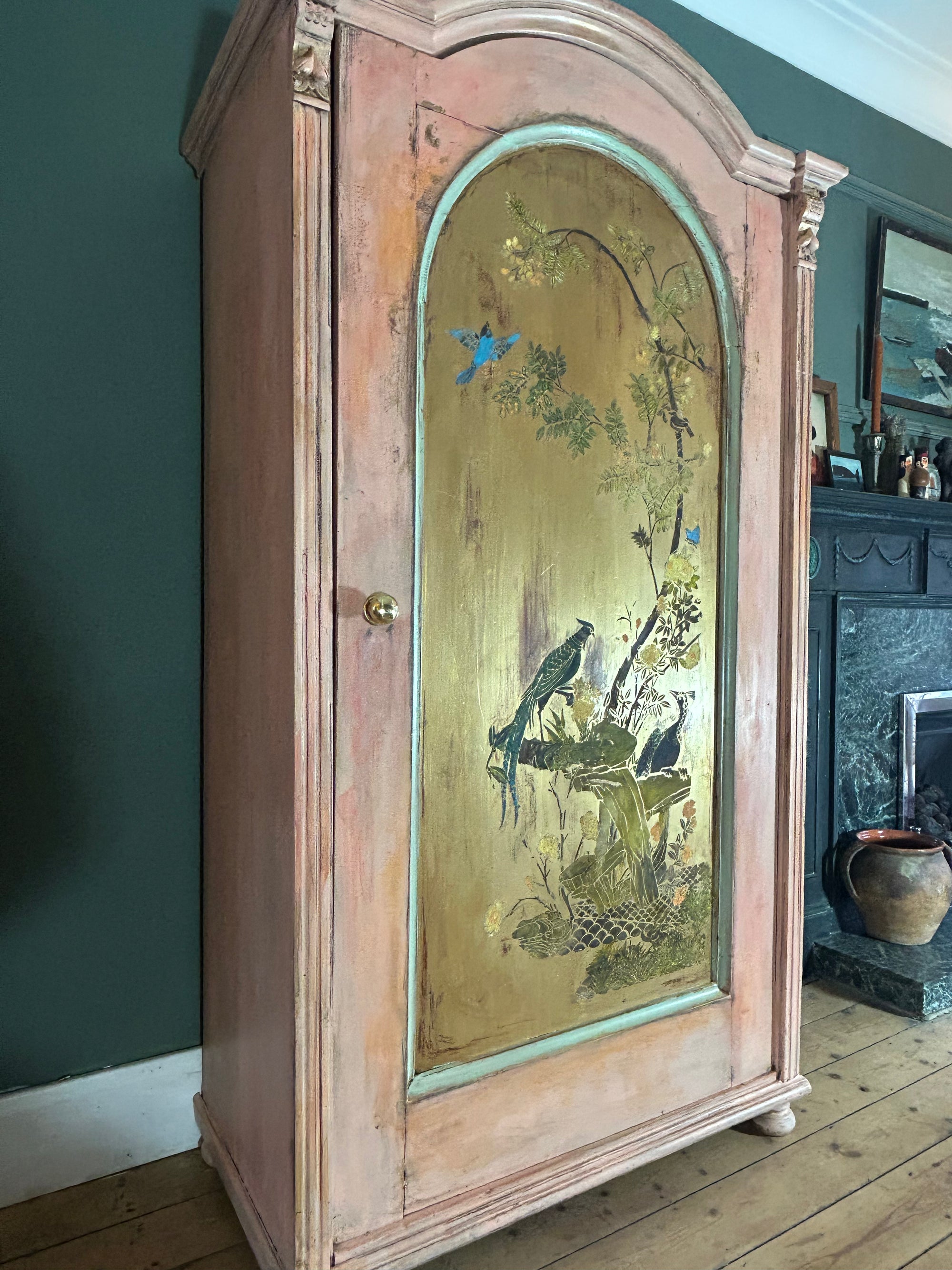 Vintage Painted Pine Wardrobe:Armoire with Inlaid Chinoiserie