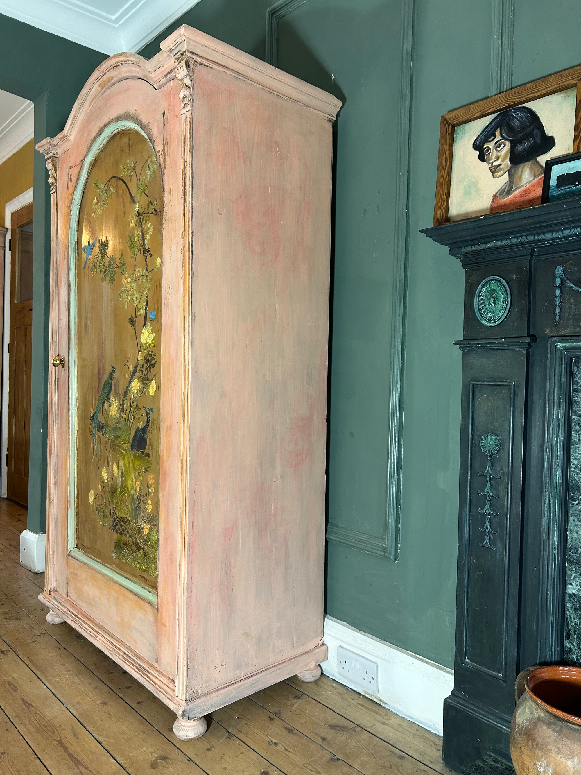 Vintage Painted Pine Wardrobe:Armoire with Inlaid Chinoiserie