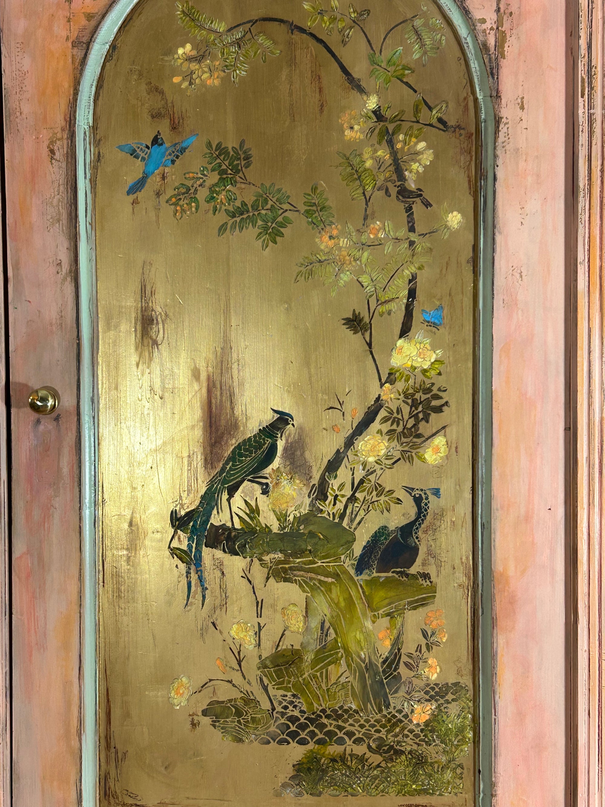 Vintage Painted Pine Wardrobe:Armoire with Inlaid Chinoiserie