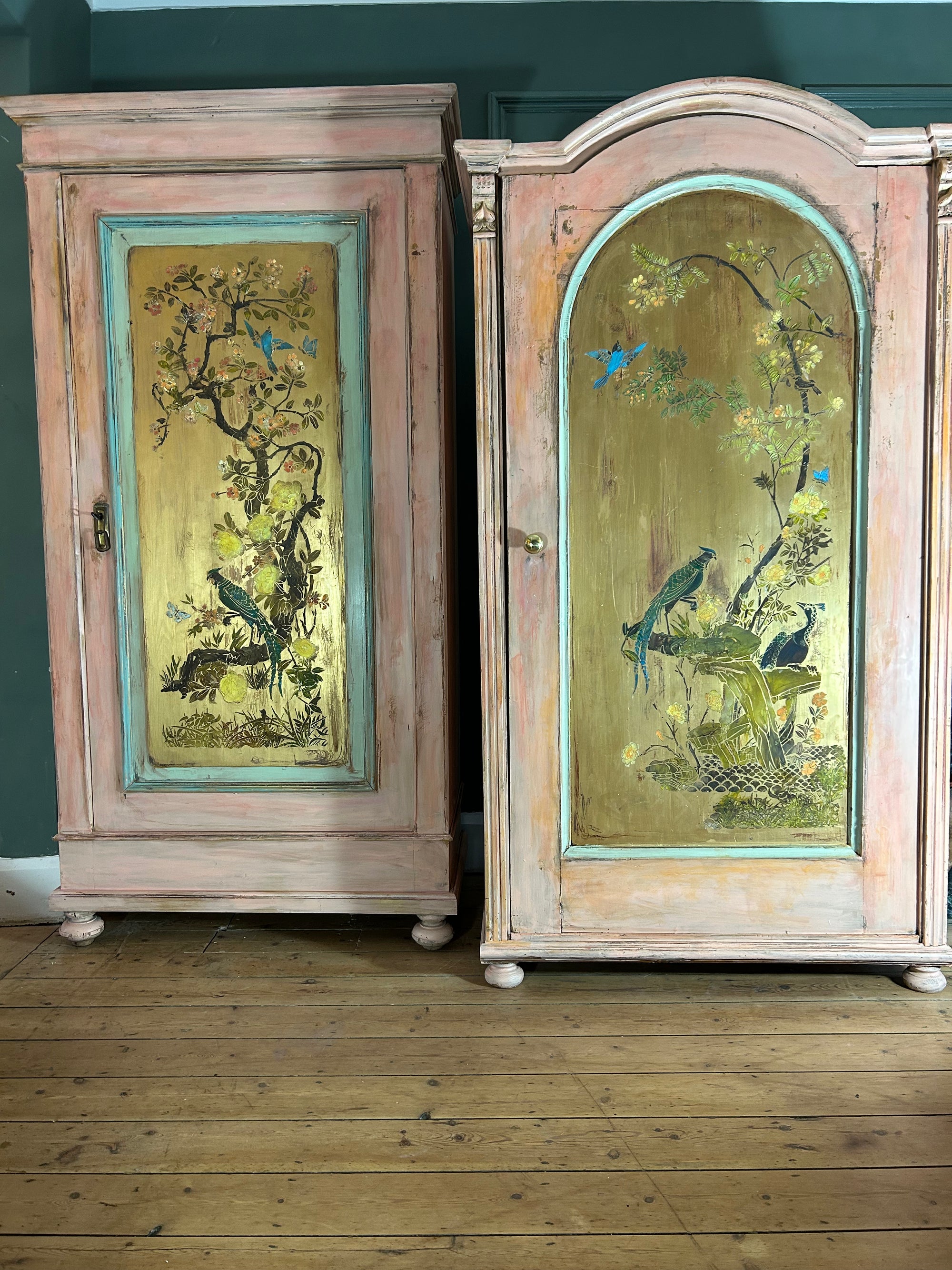 Vintage Painted Pine Wardrobe:Armoire with Inlaid Chinoiserie