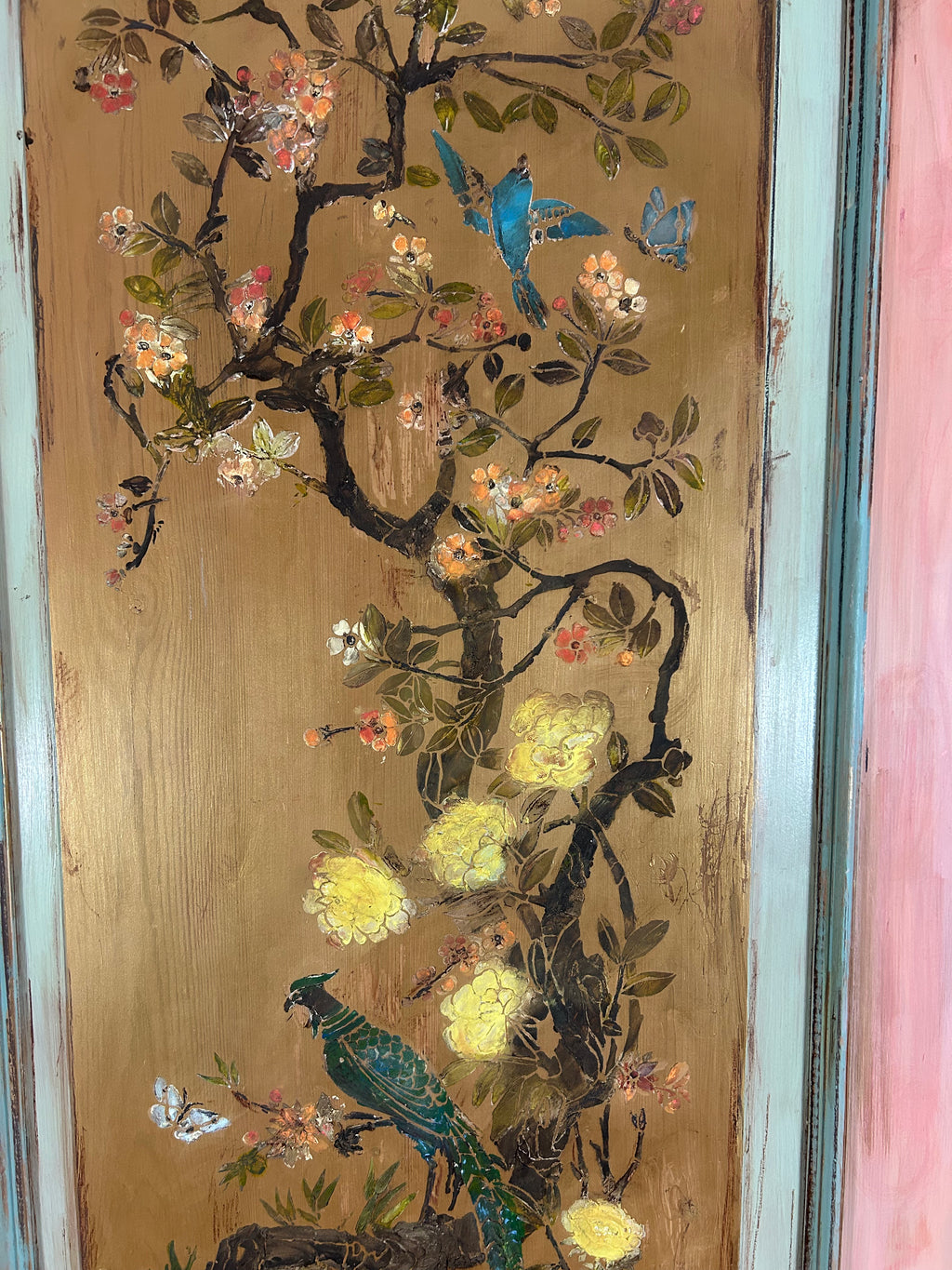 Vintage Painted Pine Wardrobe with Inlaid Chinoiserie
