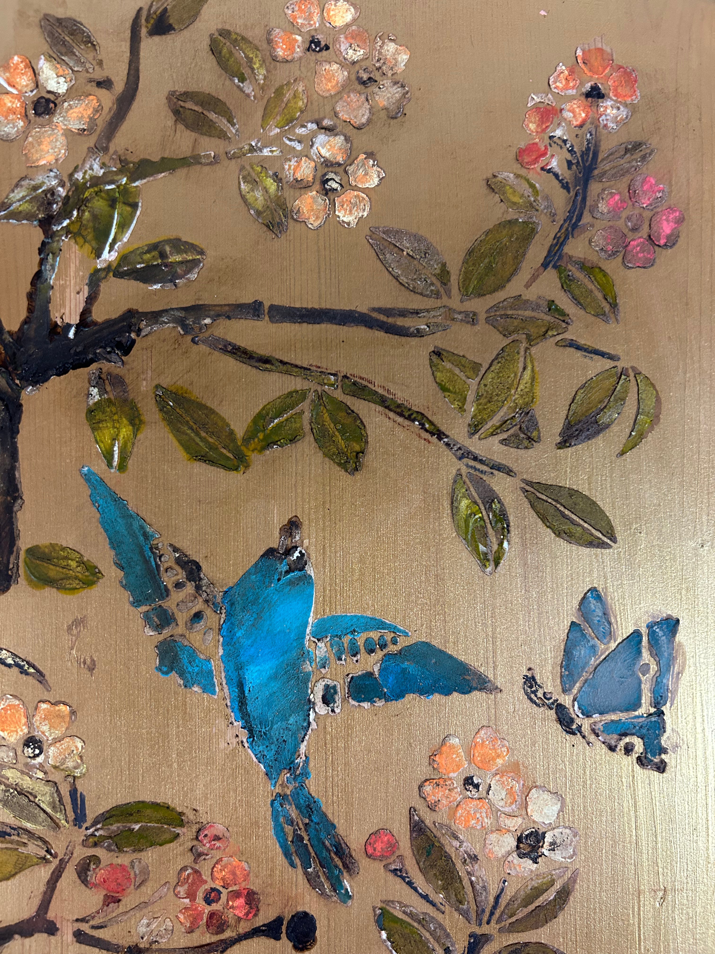 Vintage Painted Pine Wardrobe with Inlaid Chinoiserie