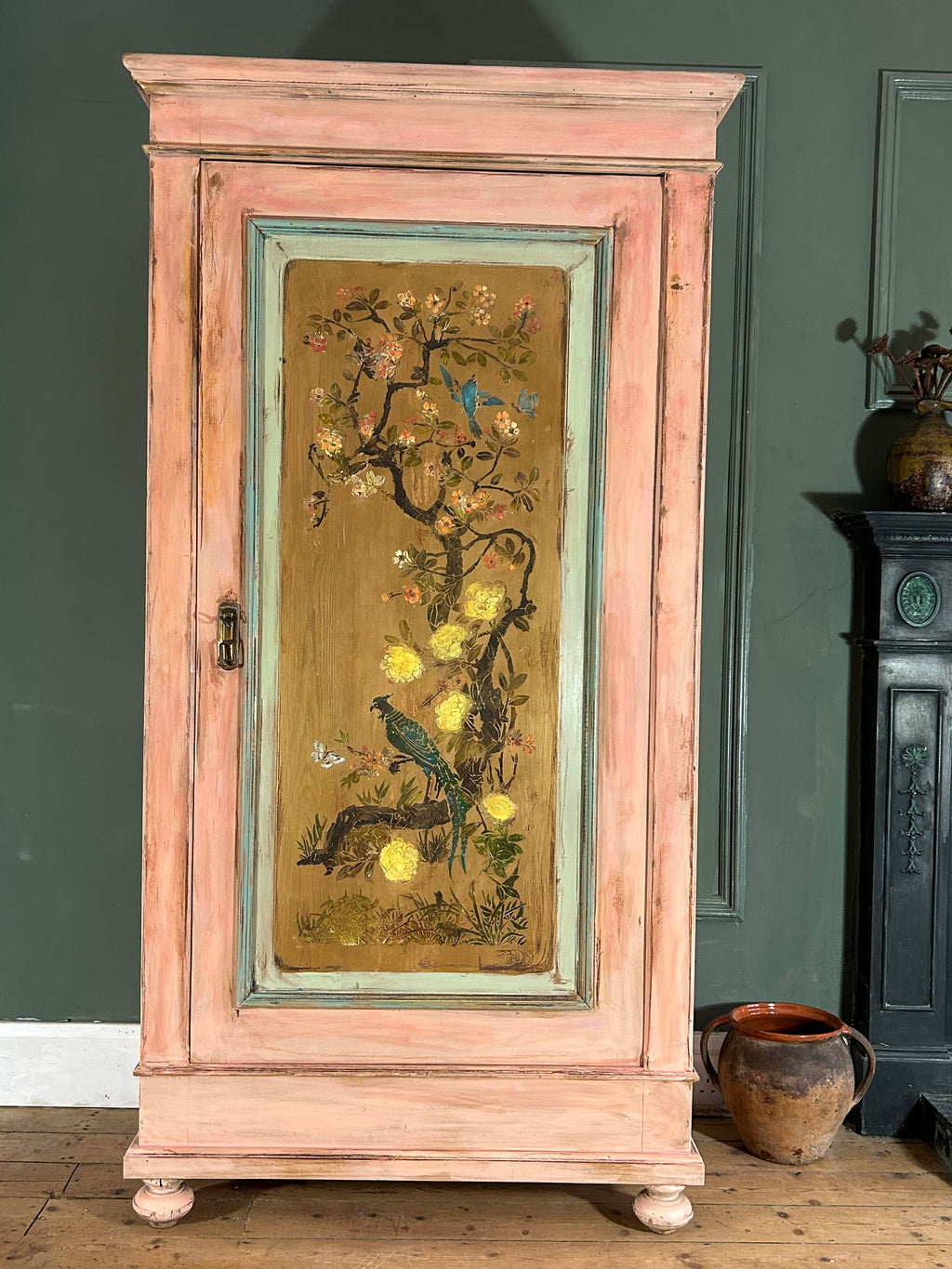 Vintage Painted Pine Wardrobe with Inlaid Chinoiserie
