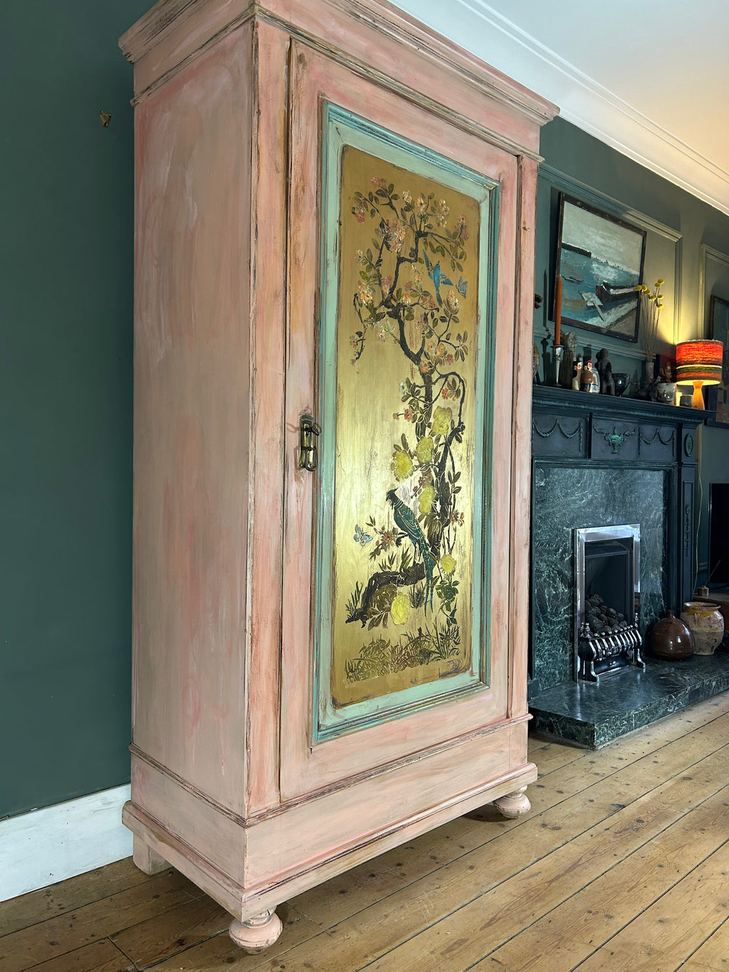 Vintage Painted Pine Wardrobe with Inlaid Chinoiserie