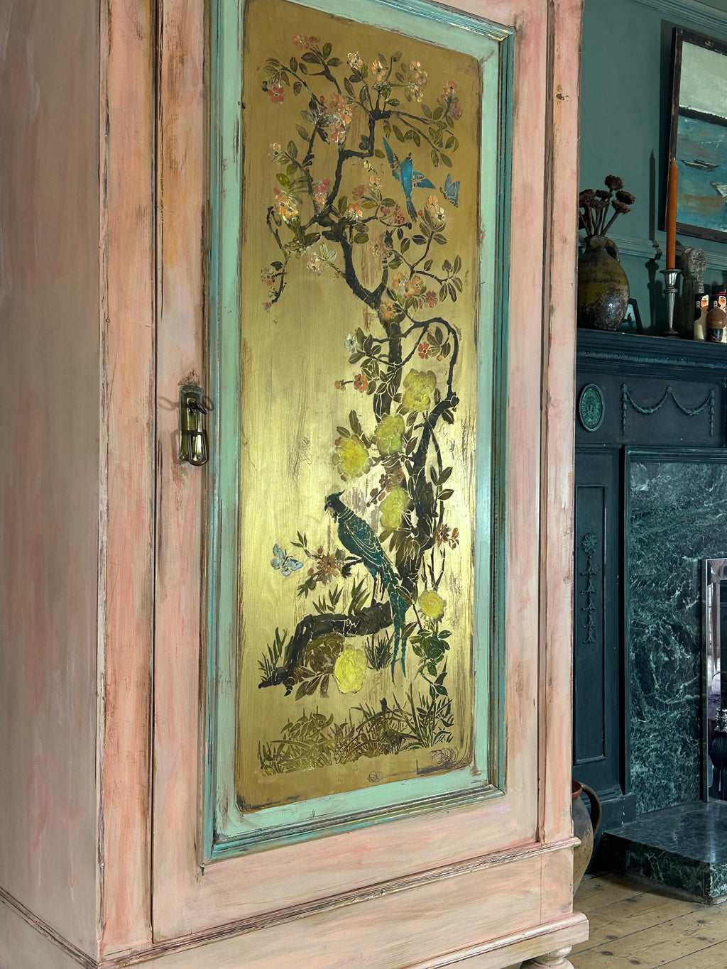 Vintage Painted Pine Wardrobe with Inlaid Chinoiserie