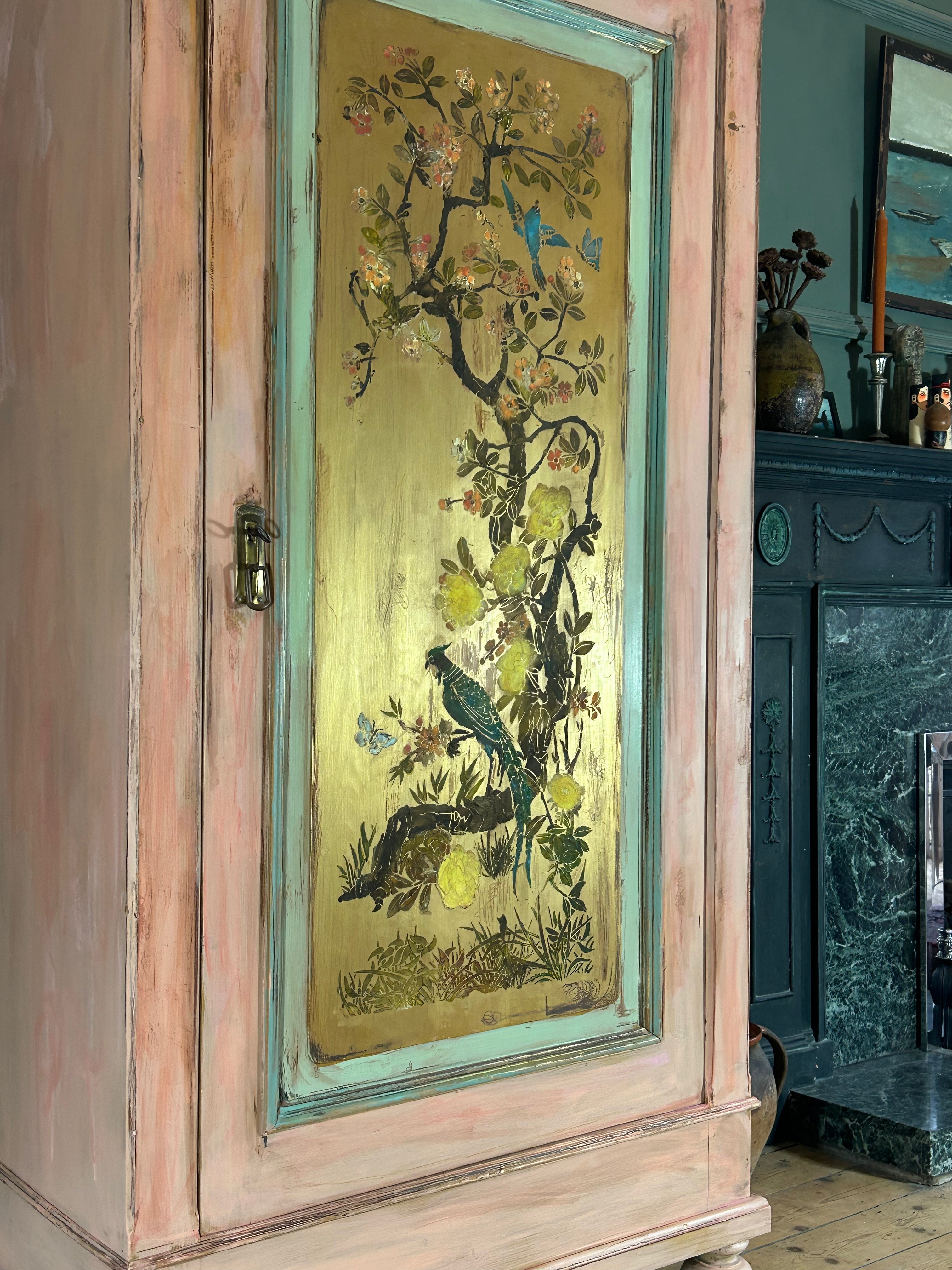 Vintage Painted Pine Wardrobe with Inlaid Chinoiserie
