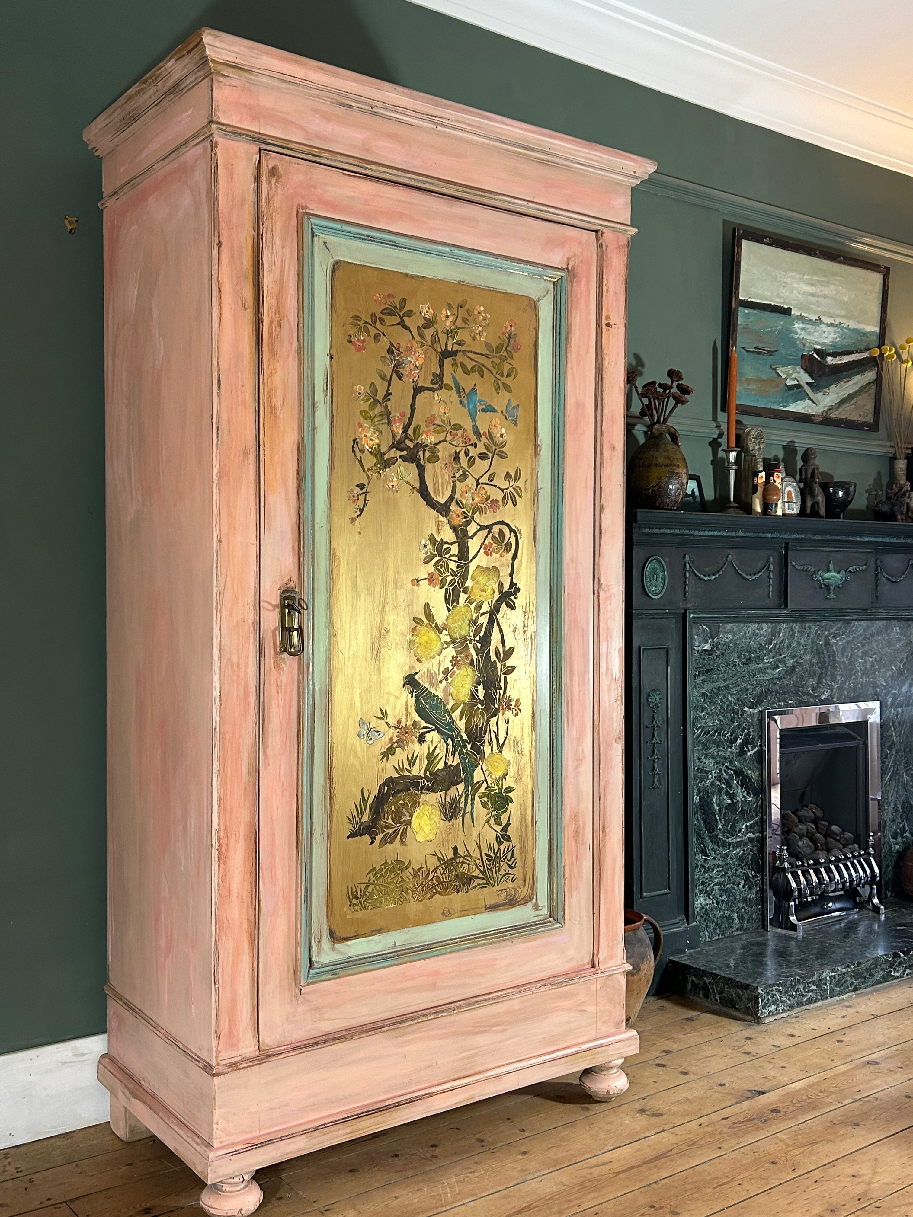 Vintage Painted Pine Wardrobe with Inlaid Chinoiserie