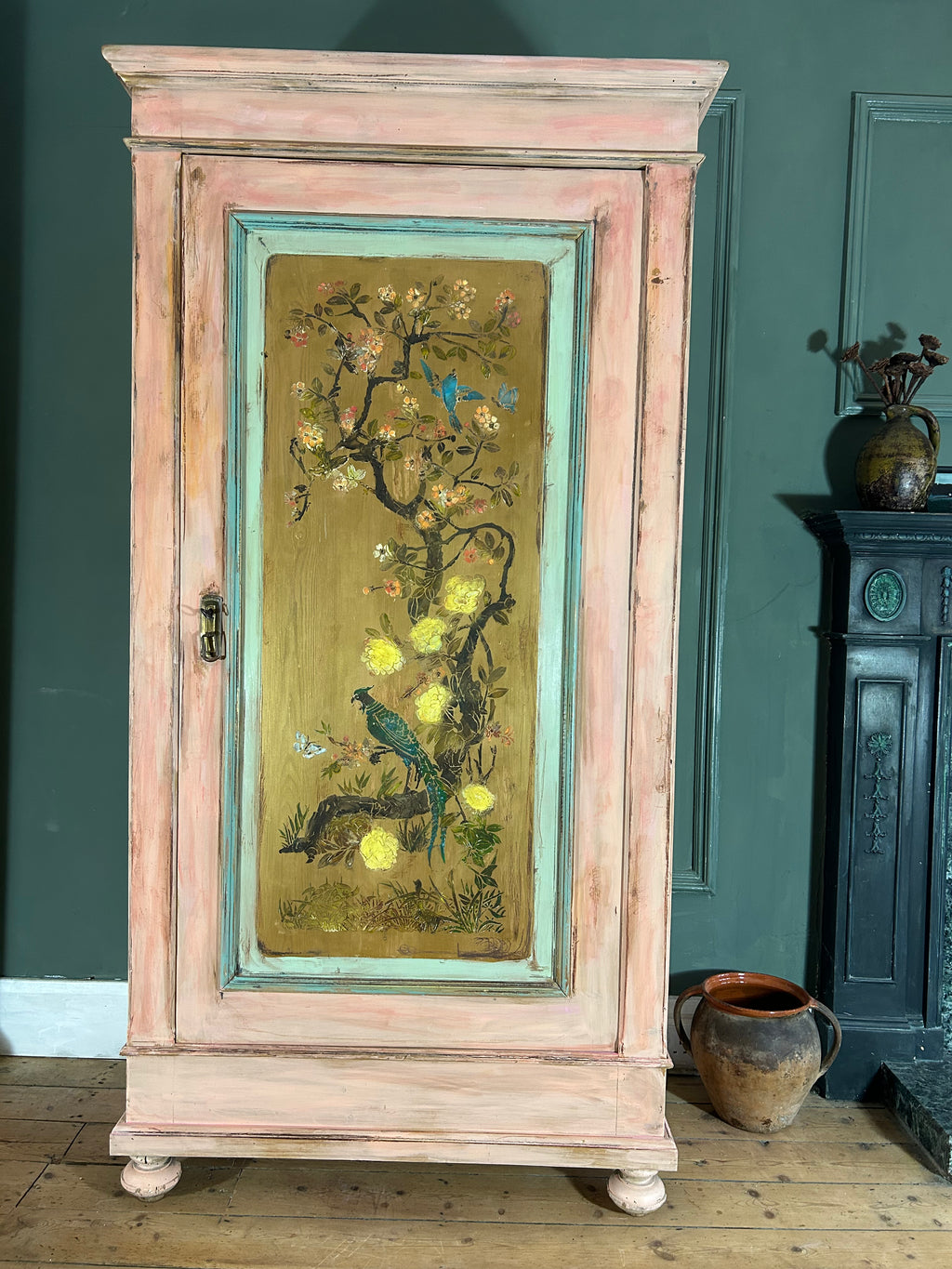 Vintage Painted Pine Wardrobe with Inlaid Chinoiserie