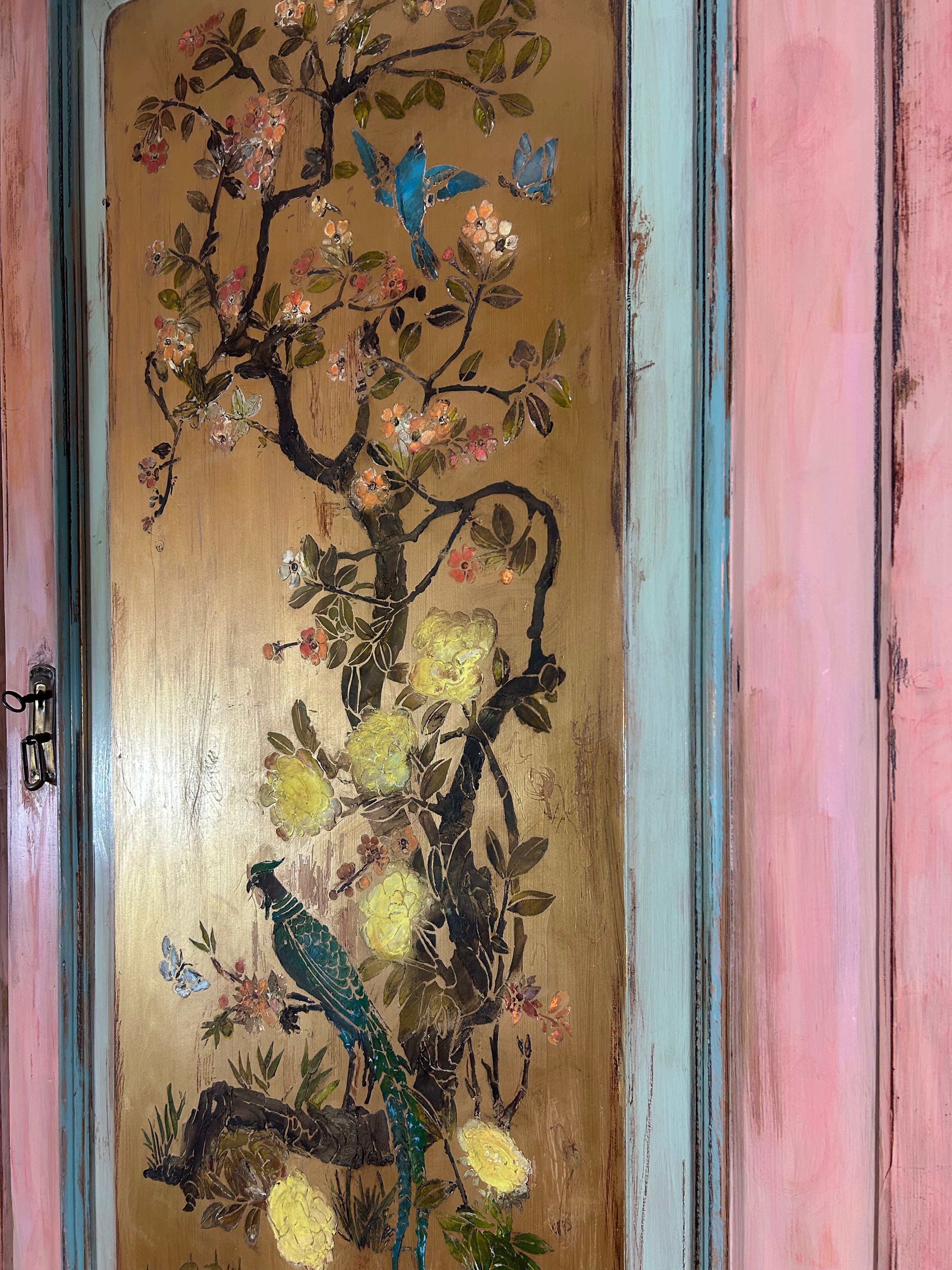 Vintage Painted Pine Wardrobe with Inlaid Chinoiserie