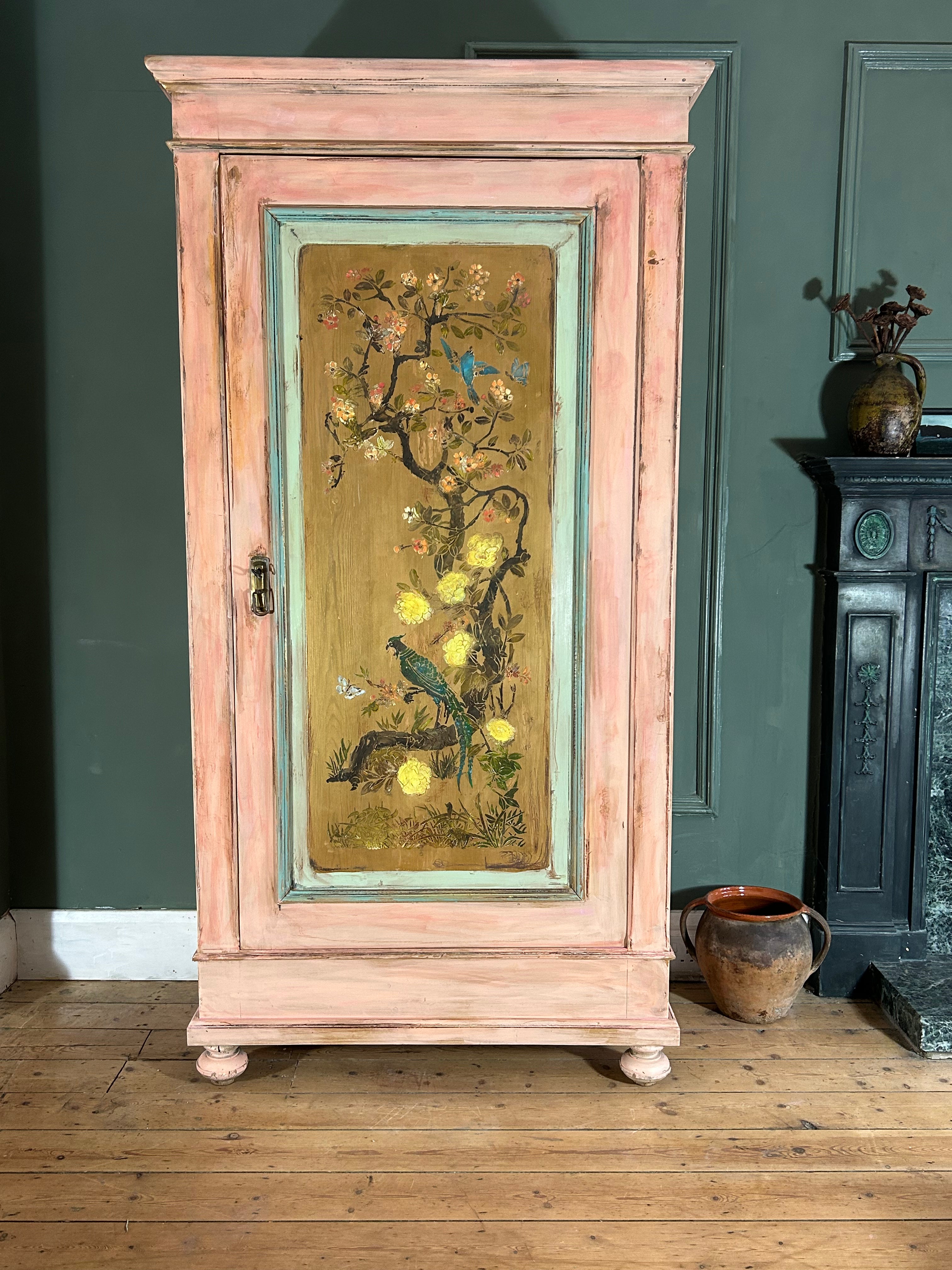Vintage Painted Pine Wardrobe with Inlaid Chinoiserie
