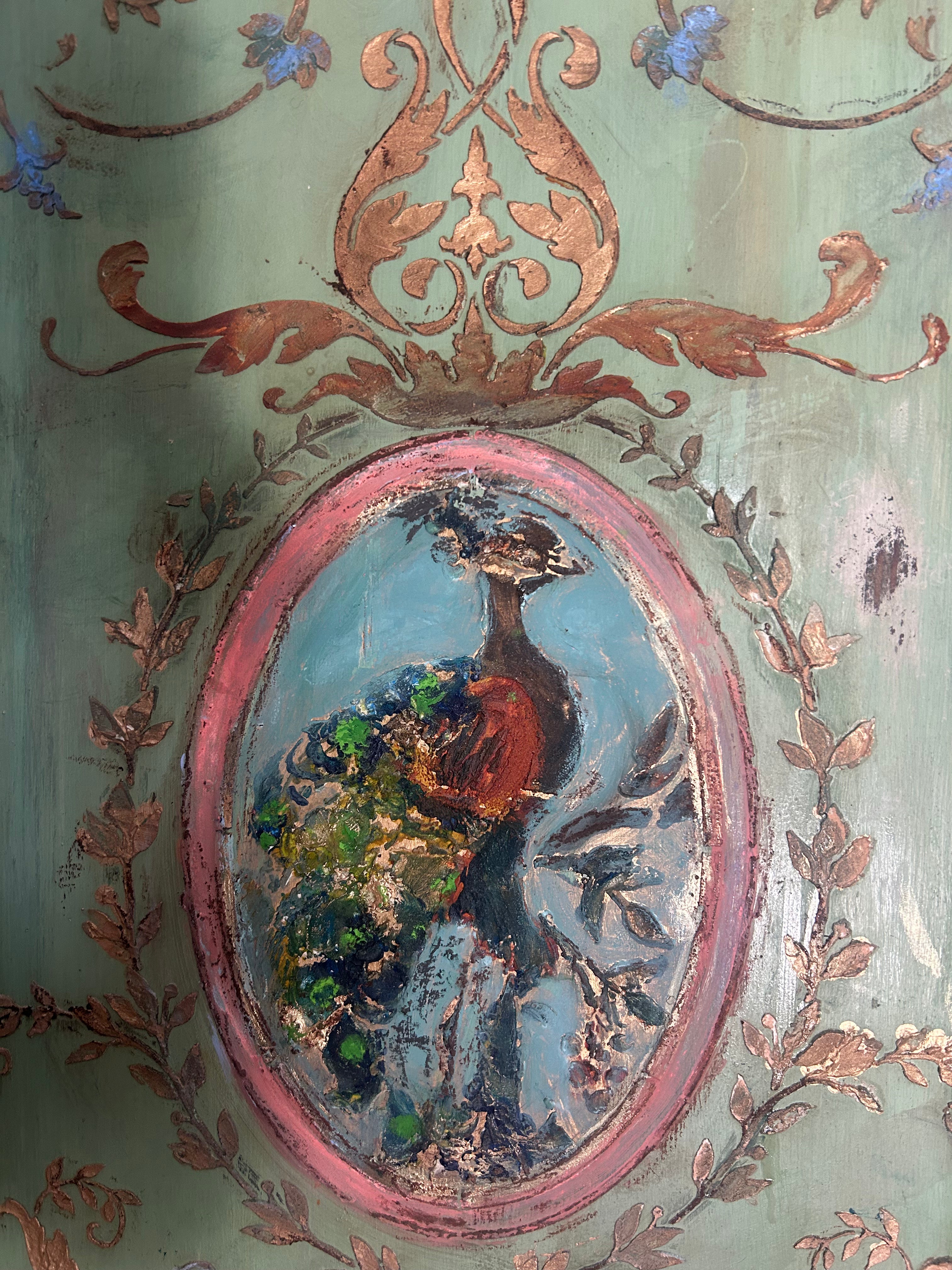 Vintage Painted Pine Double Wardrobe with Inlaid Versailles Style Panels