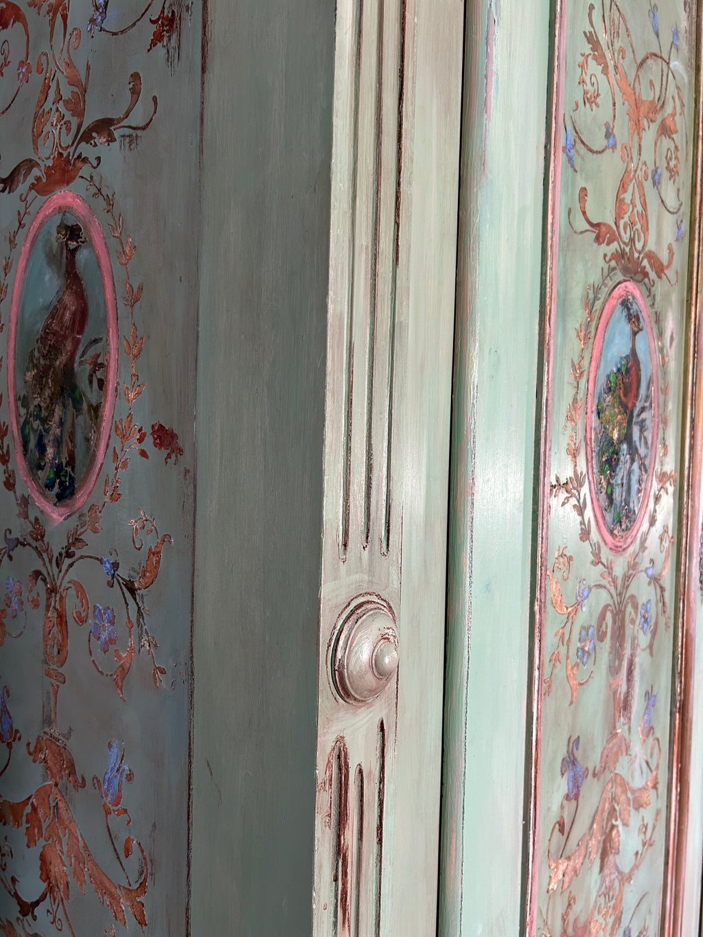 Vintage Painted Pine Double Wardrobe with Inlaid Versailles Style Panels
