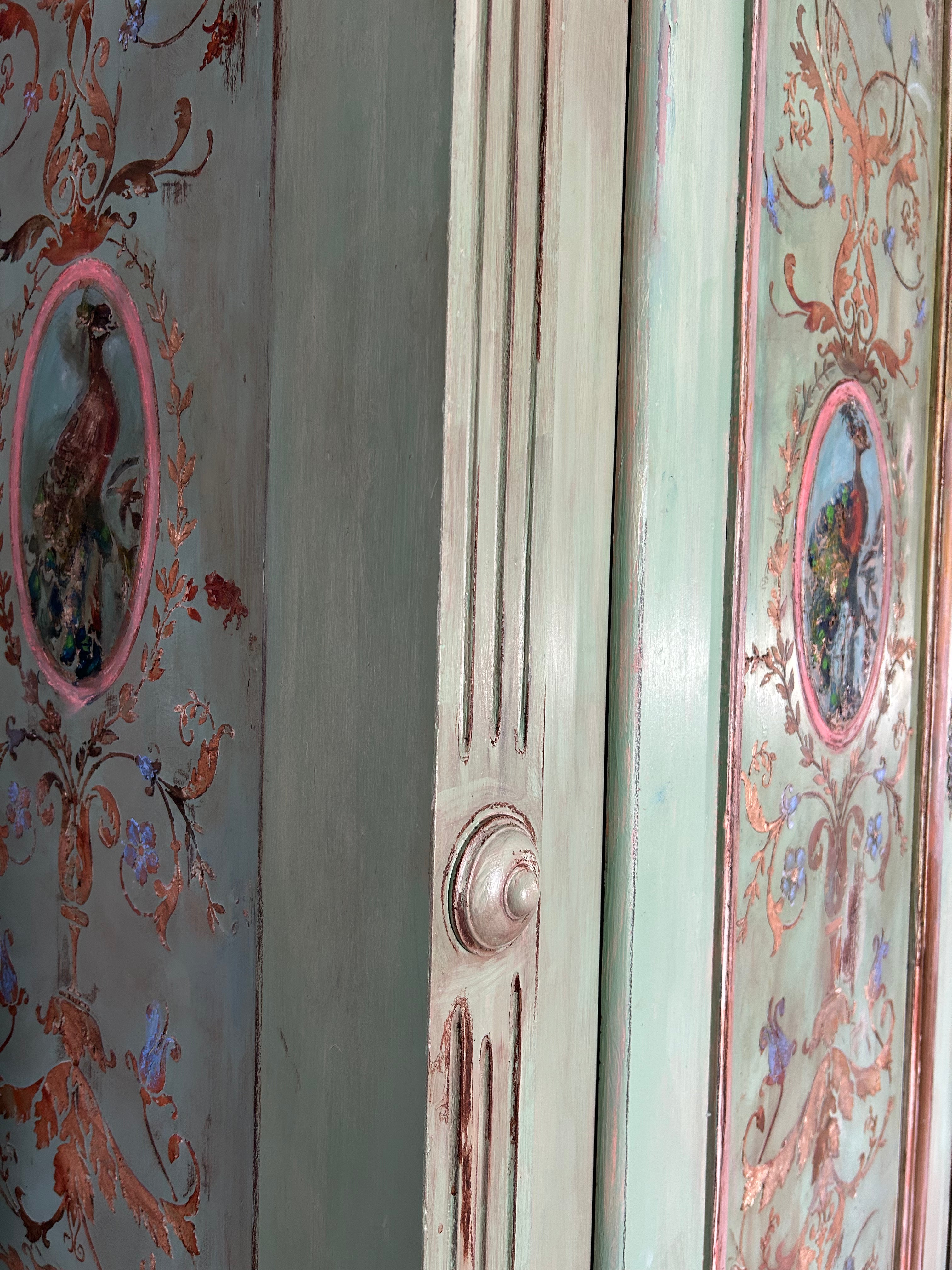 Vintage Painted Pine Double Wardrobe with Inlaid Versailles Style Panels