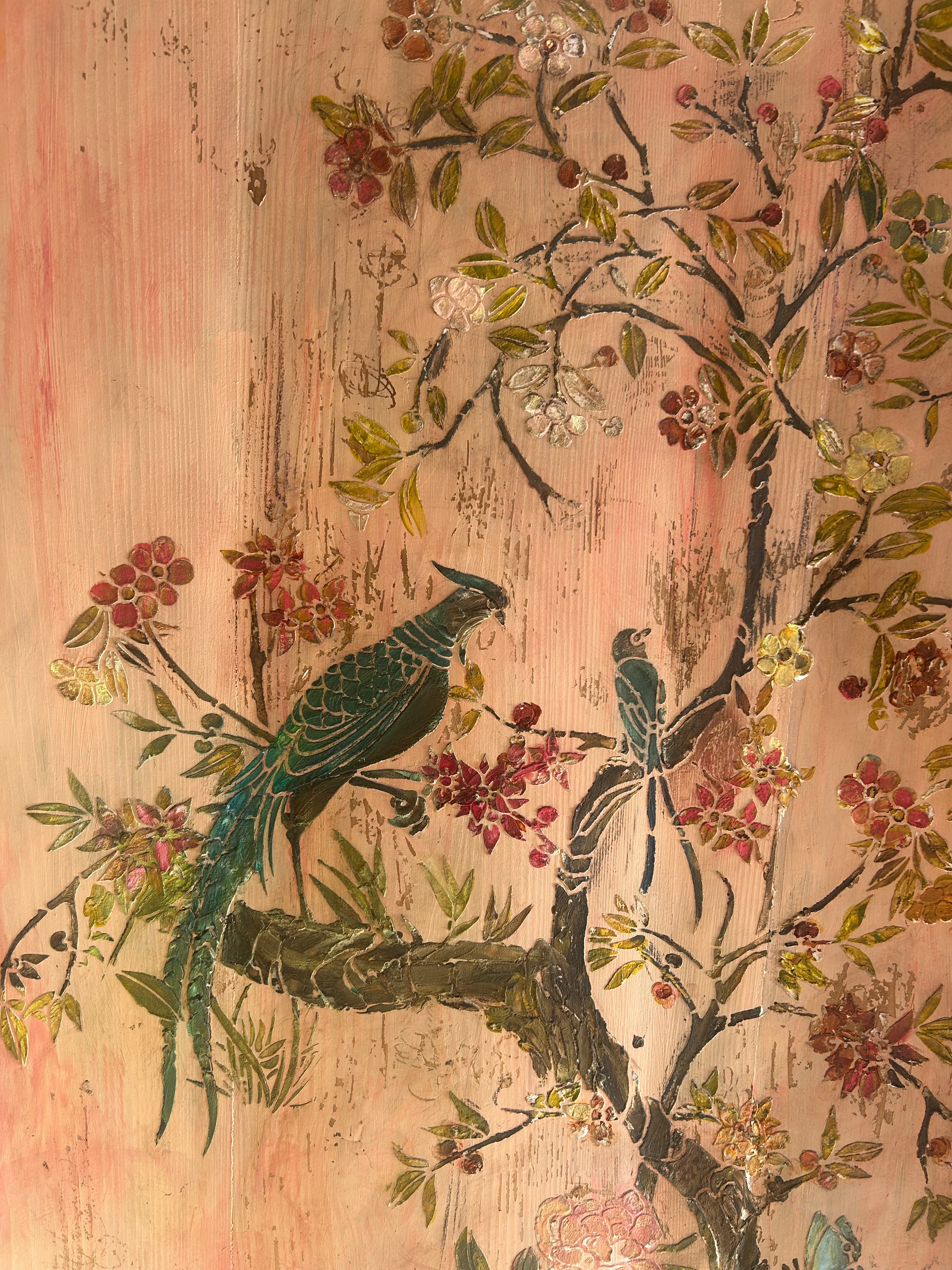 Vintage Painted Pine Single Wardrobe with Inlaid Chinoiserie