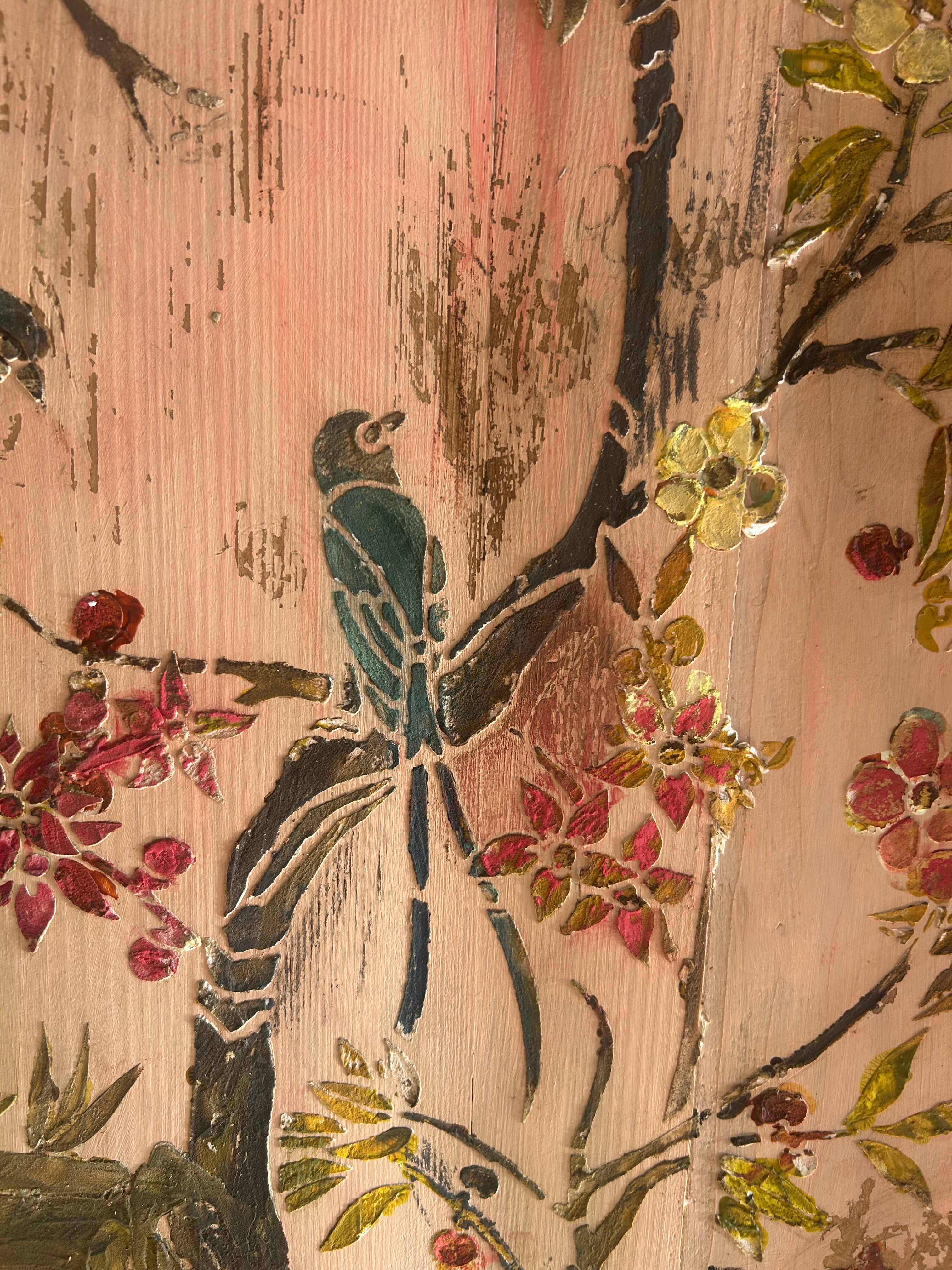 Vintage Painted Pine Single Wardrobe with Inlaid Chinoiserie