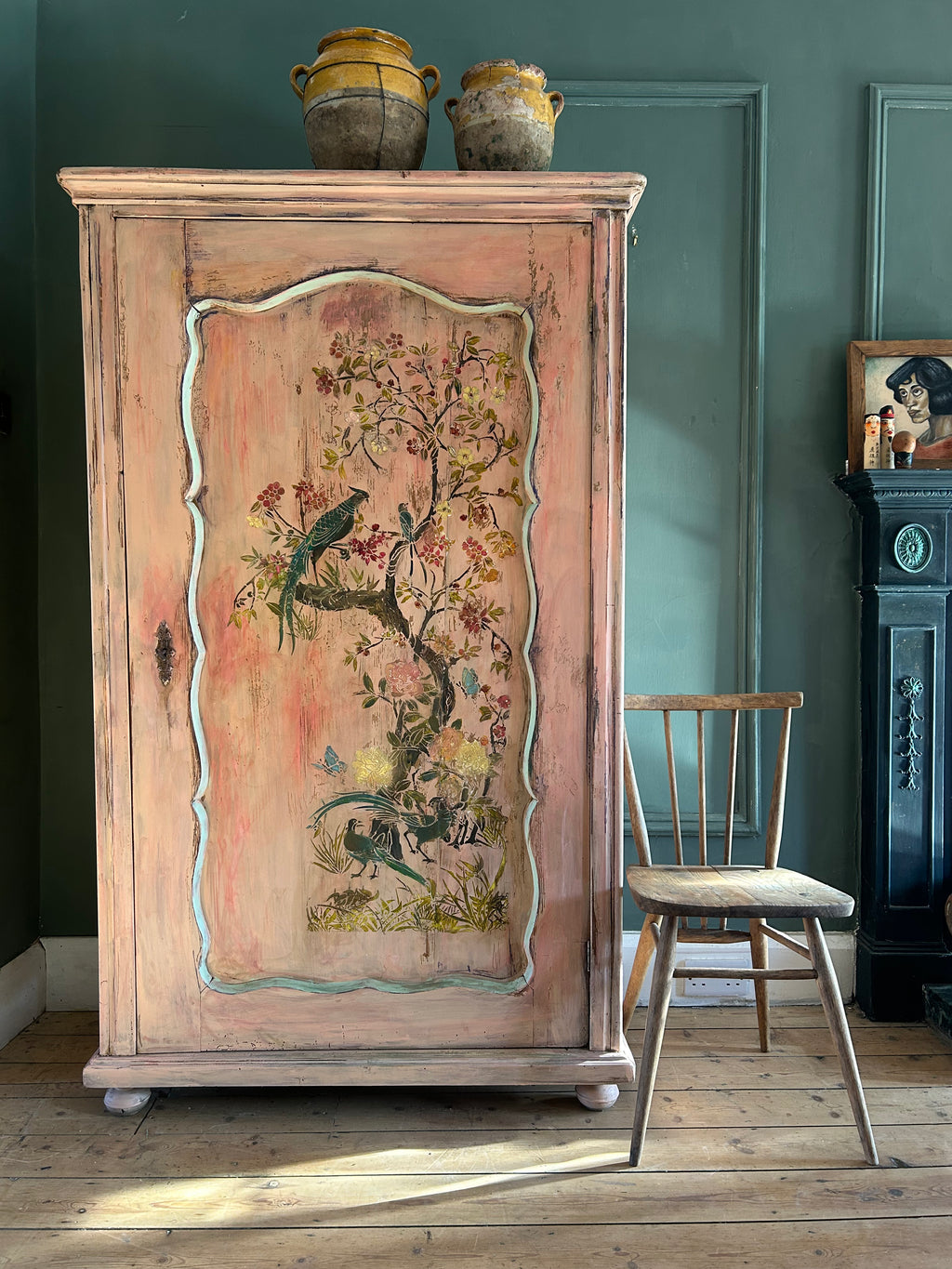 Vintage Painted Pine Single Wardrobe with Inlaid Chinoiserie