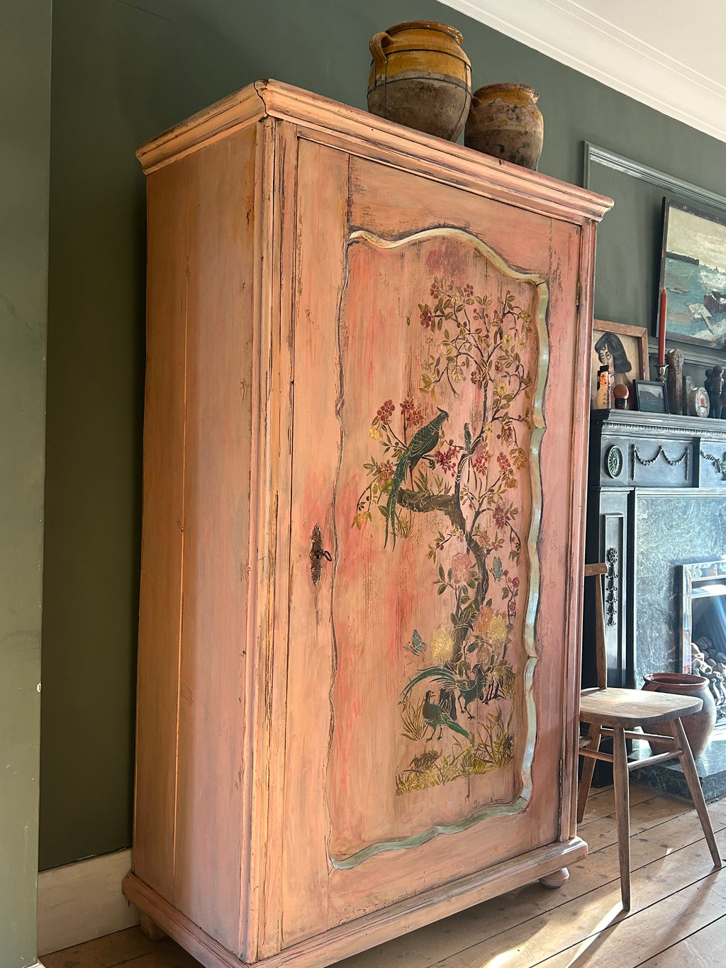 Vintage Painted Pine Single Wardrobe with Inlaid Chinoiserie