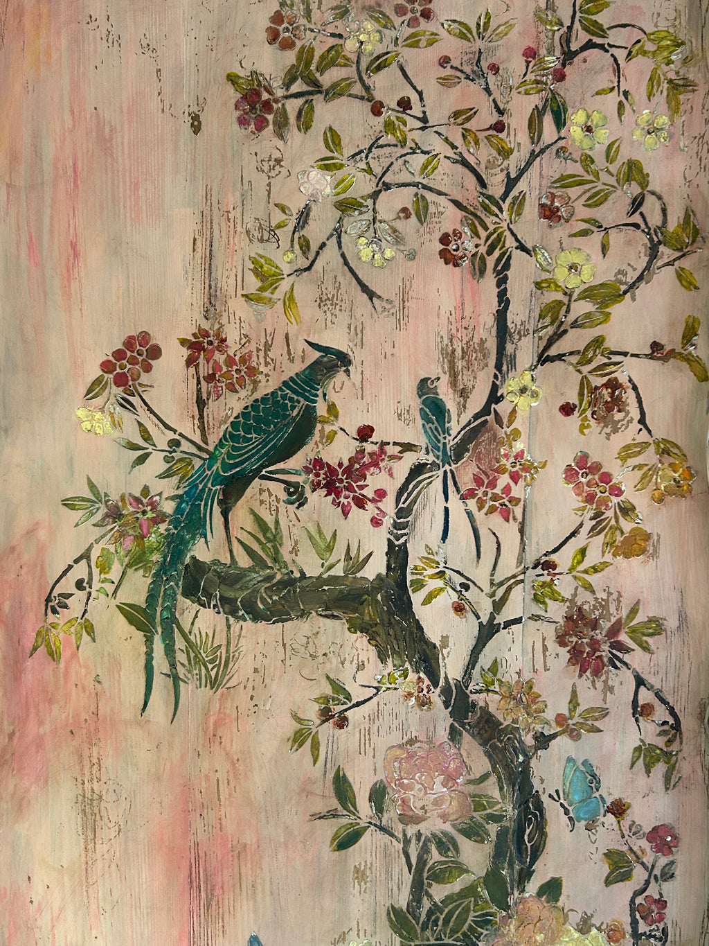 Vintage Painted Pine Single Wardrobe with Inlaid Chinoiserie