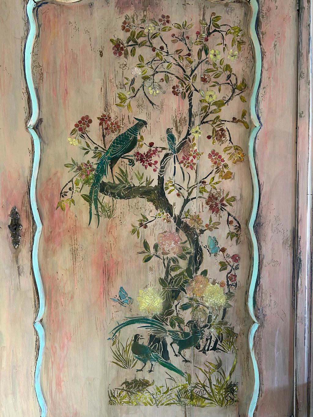 Vintage Painted Pine Single Wardrobe with Inlaid Chinoiserie