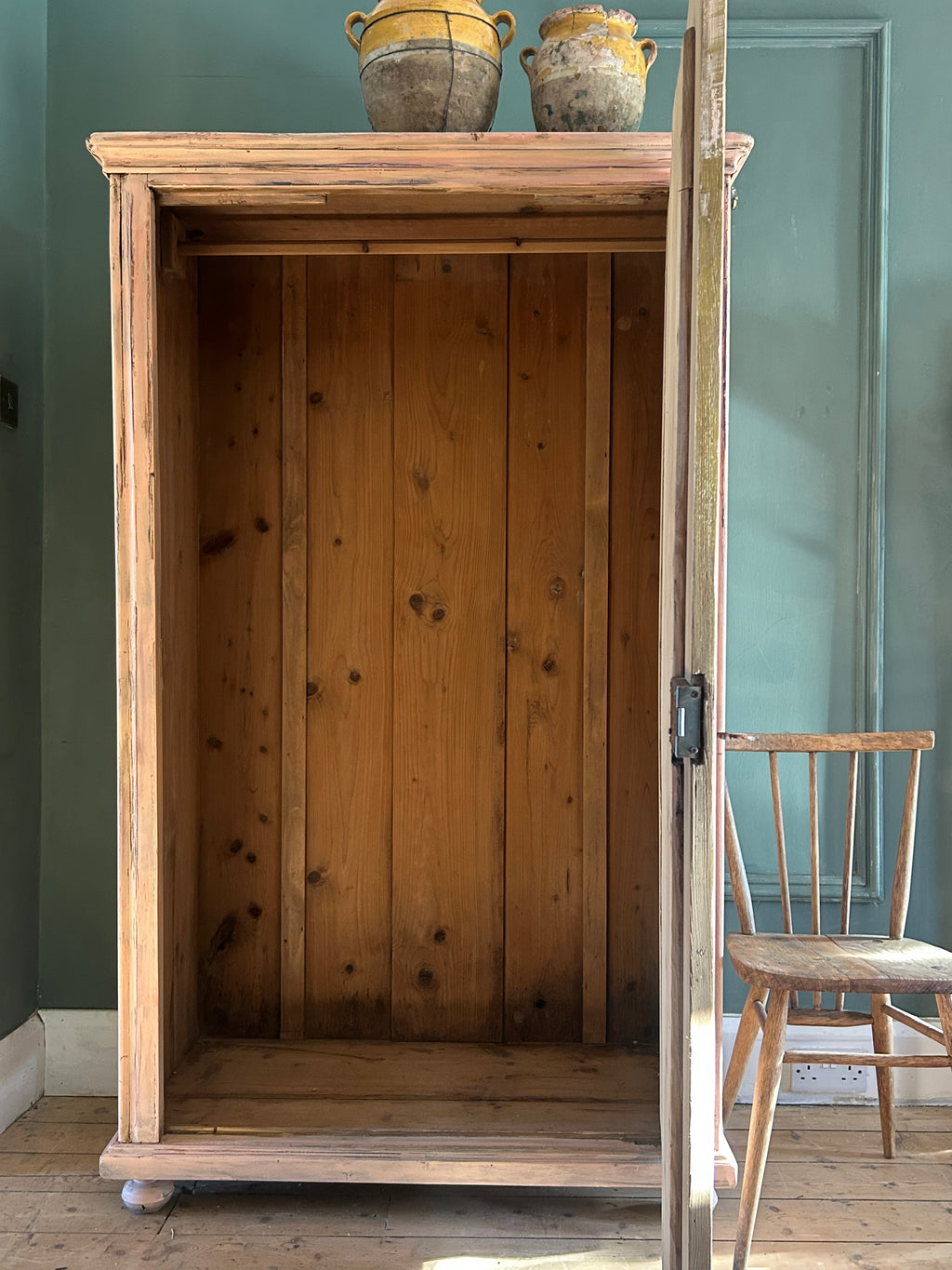 Vintage Painted Pine Single Wardrobe with Inlaid Chinoiserie