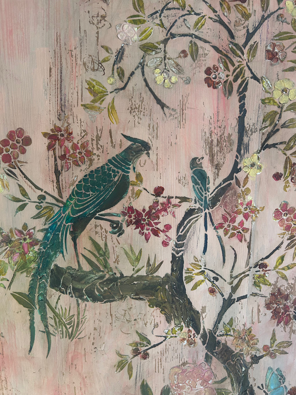 Vintage Painted Pine Single Wardrobe with Inlaid Chinoiserie