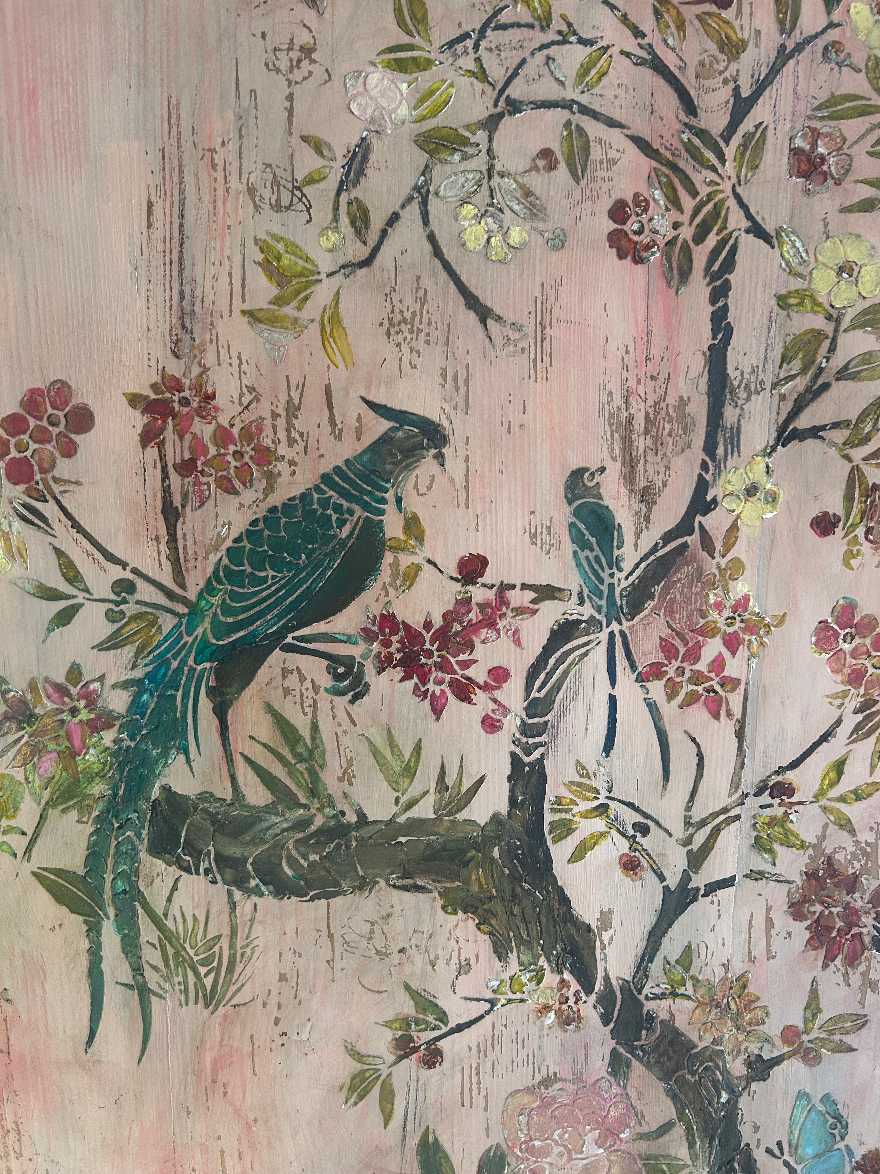 Vintage Painted Pine Single Wardrobe with Inlaid Chinoiserie