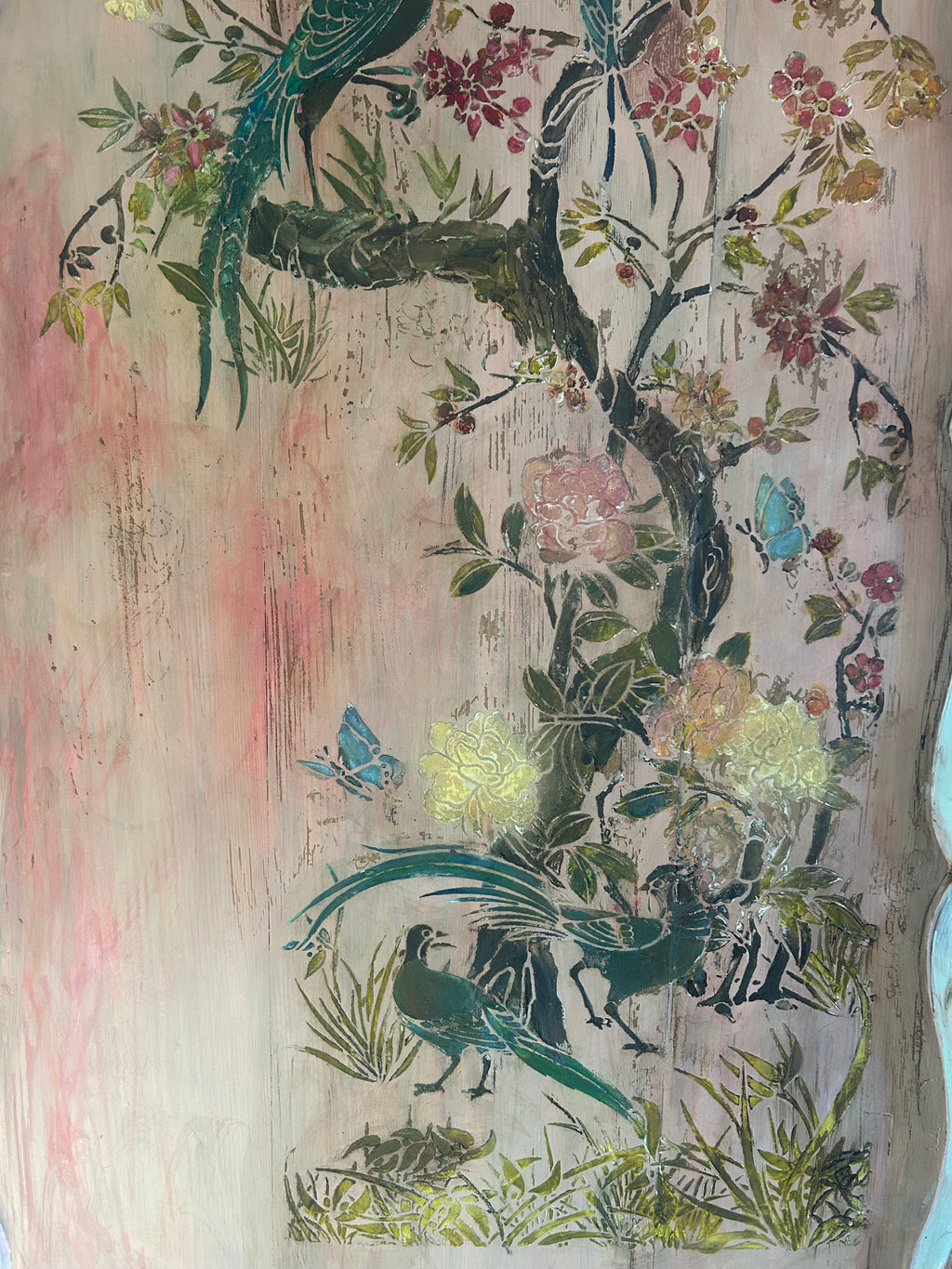 Vintage Painted Pine Single Wardrobe with Inlaid Chinoiserie