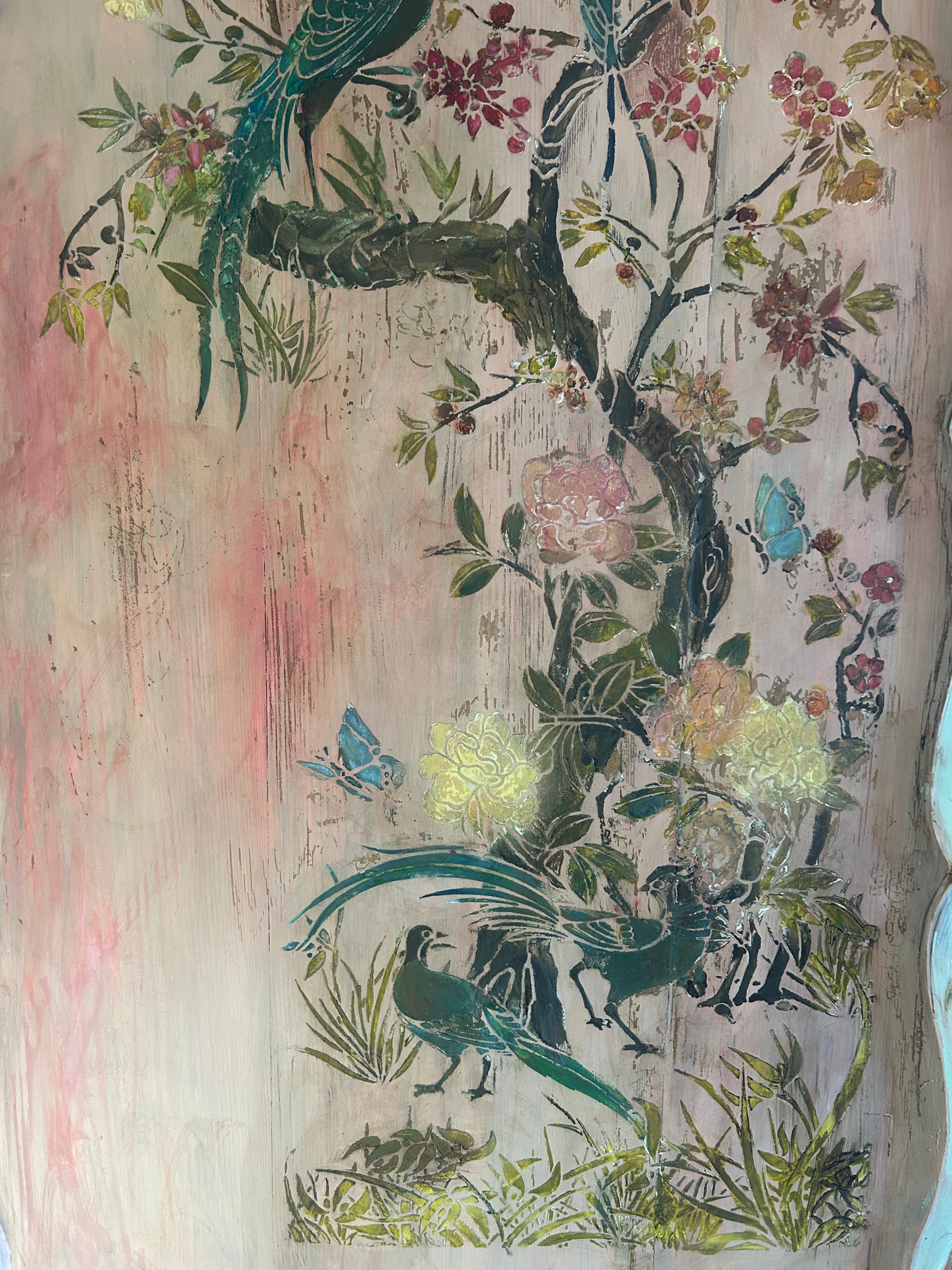 Vintage Painted Pine Single Wardrobe with Inlaid Chinoiserie