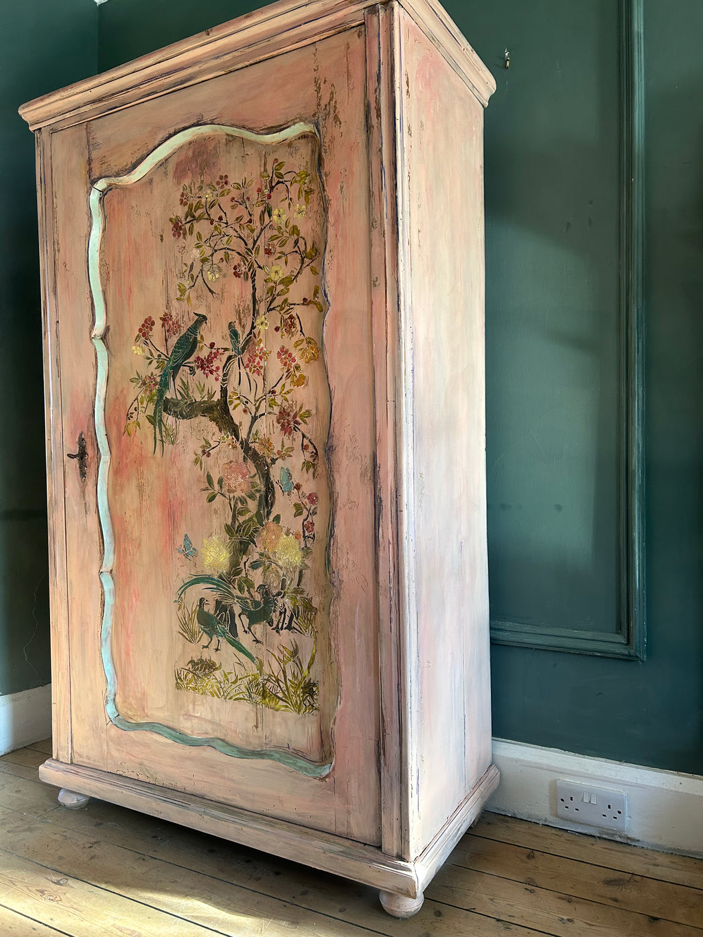 Vintage Painted Pine Single Wardrobe with Inlaid Chinoiserie