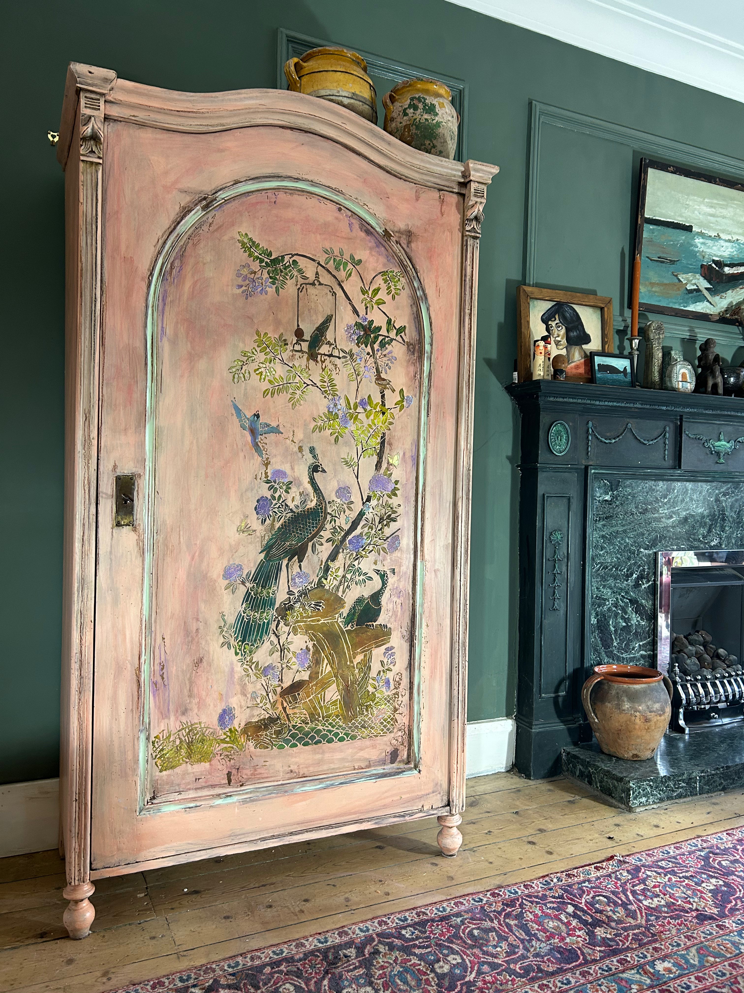 Vintage Painted Armoire with Inlaid Chinoiserie