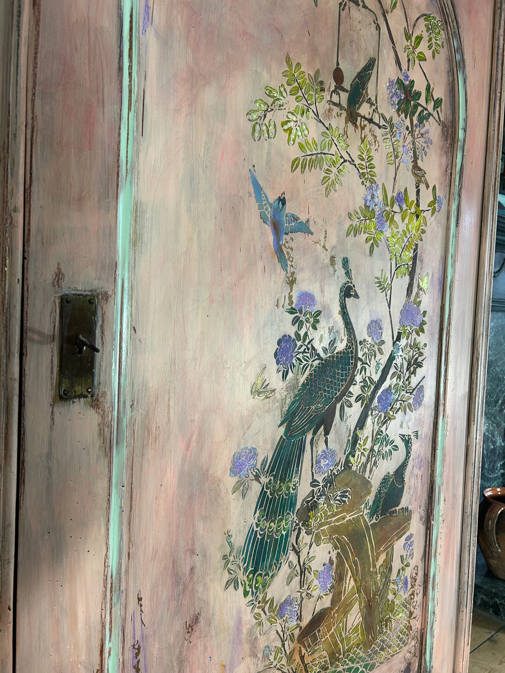 Vintage Painted Armoire with Inlaid Chinoiserie