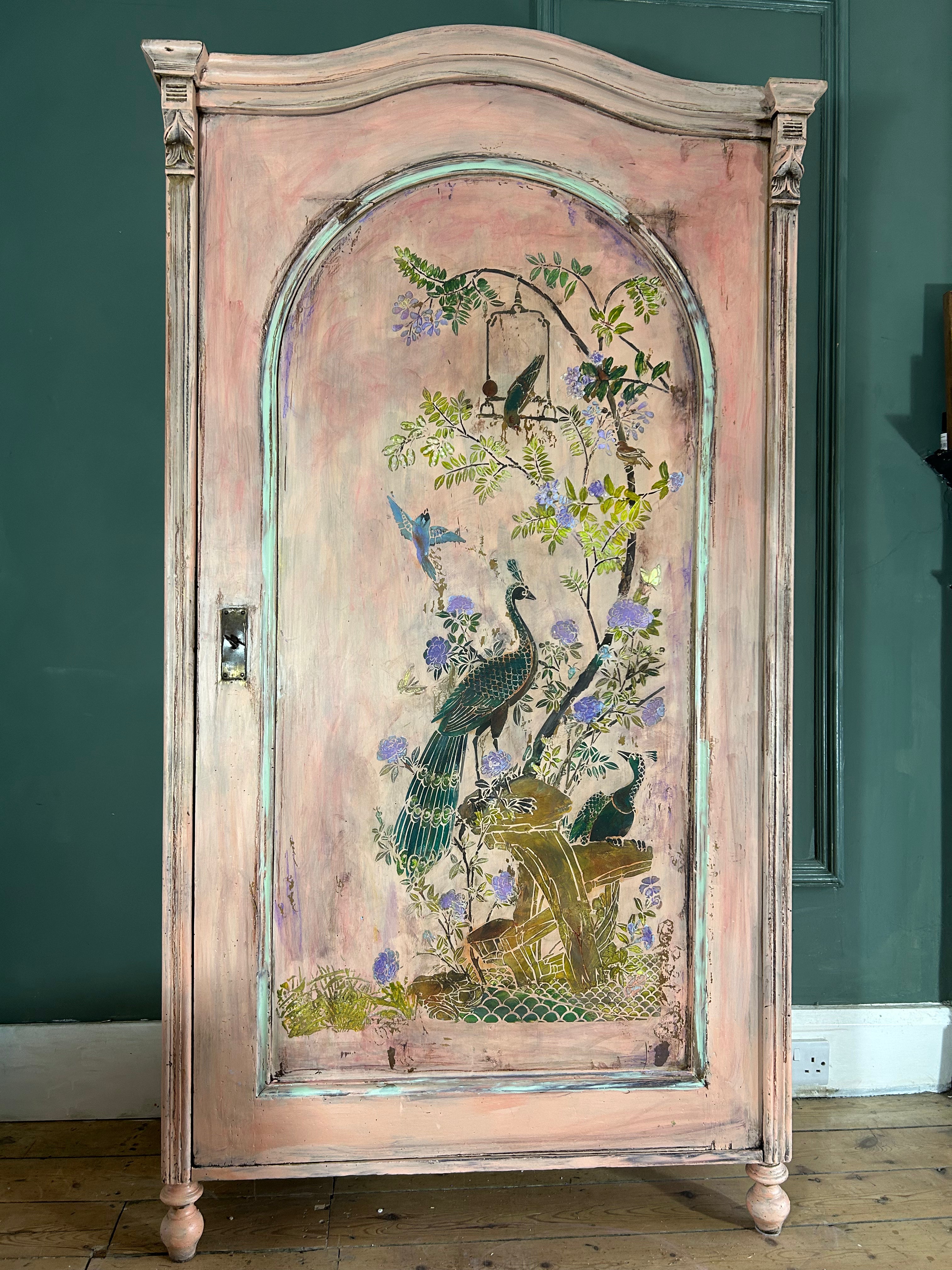Vintage Painted Armoire with Inlaid Chinoiserie