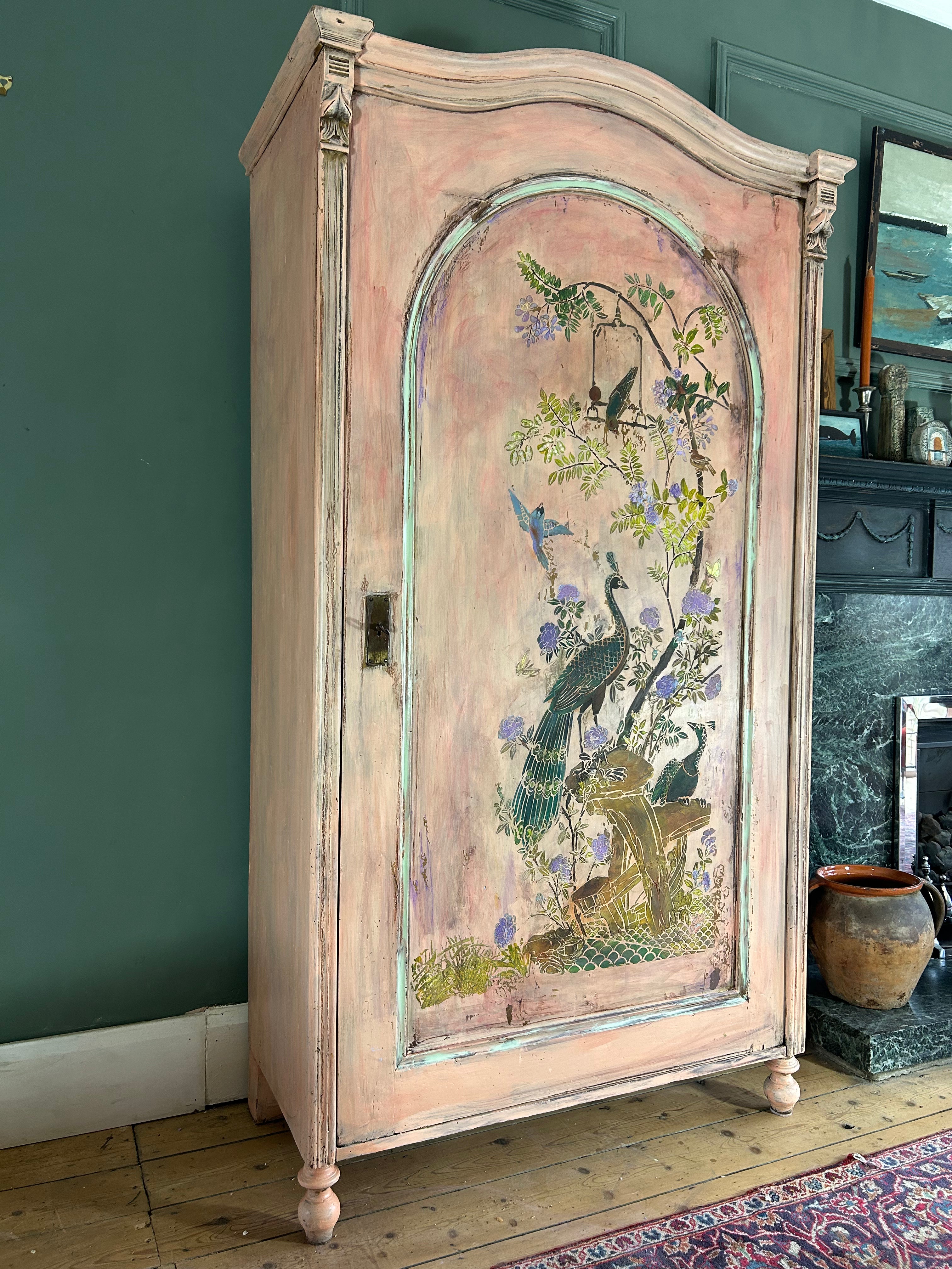 Vintage Painted Armoire with Inlaid Chinoiserie