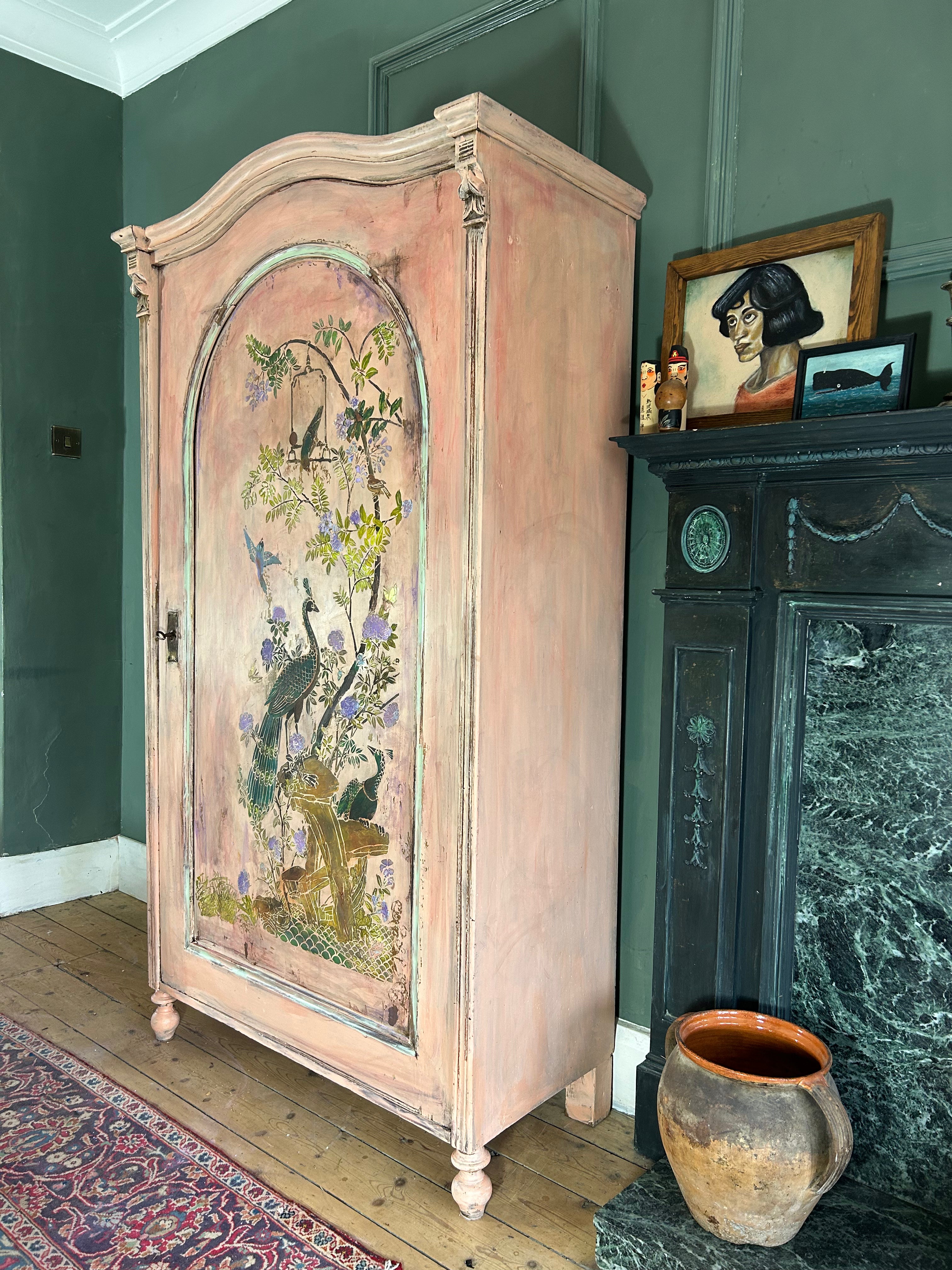Vintage Painted Armoire with Inlaid Chinoiserie