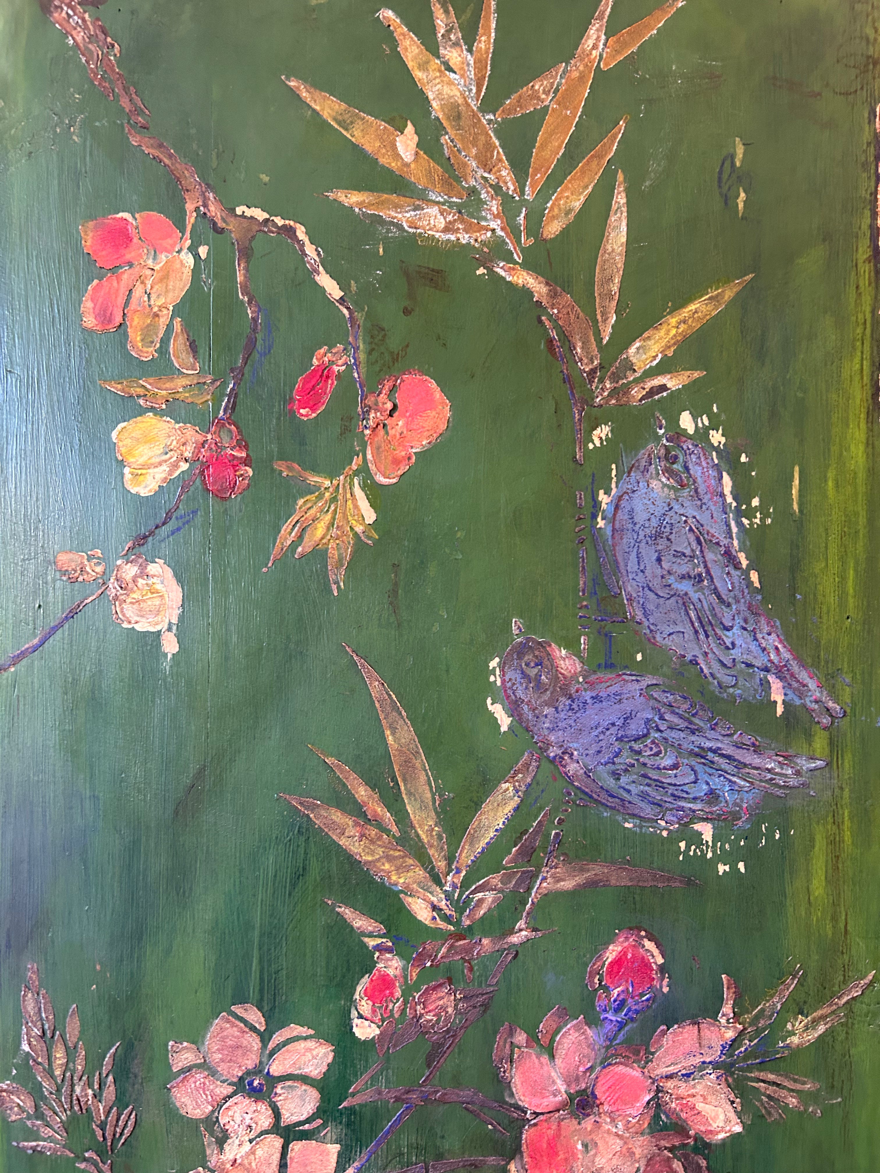 Vintage Painted Pine Cupboard with Inlaid Chinoiserie