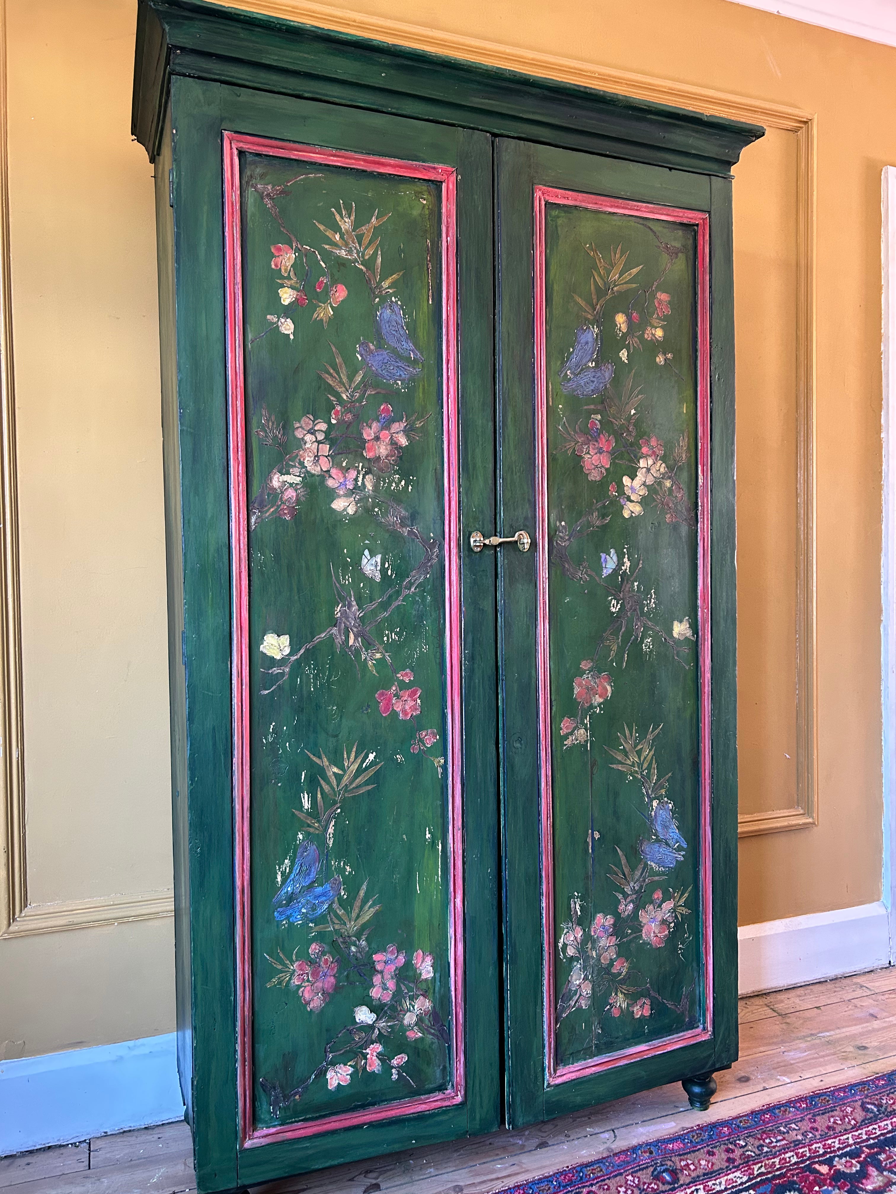 Vintage Painted Pine Cupboard with Inlaid Chinoiserie