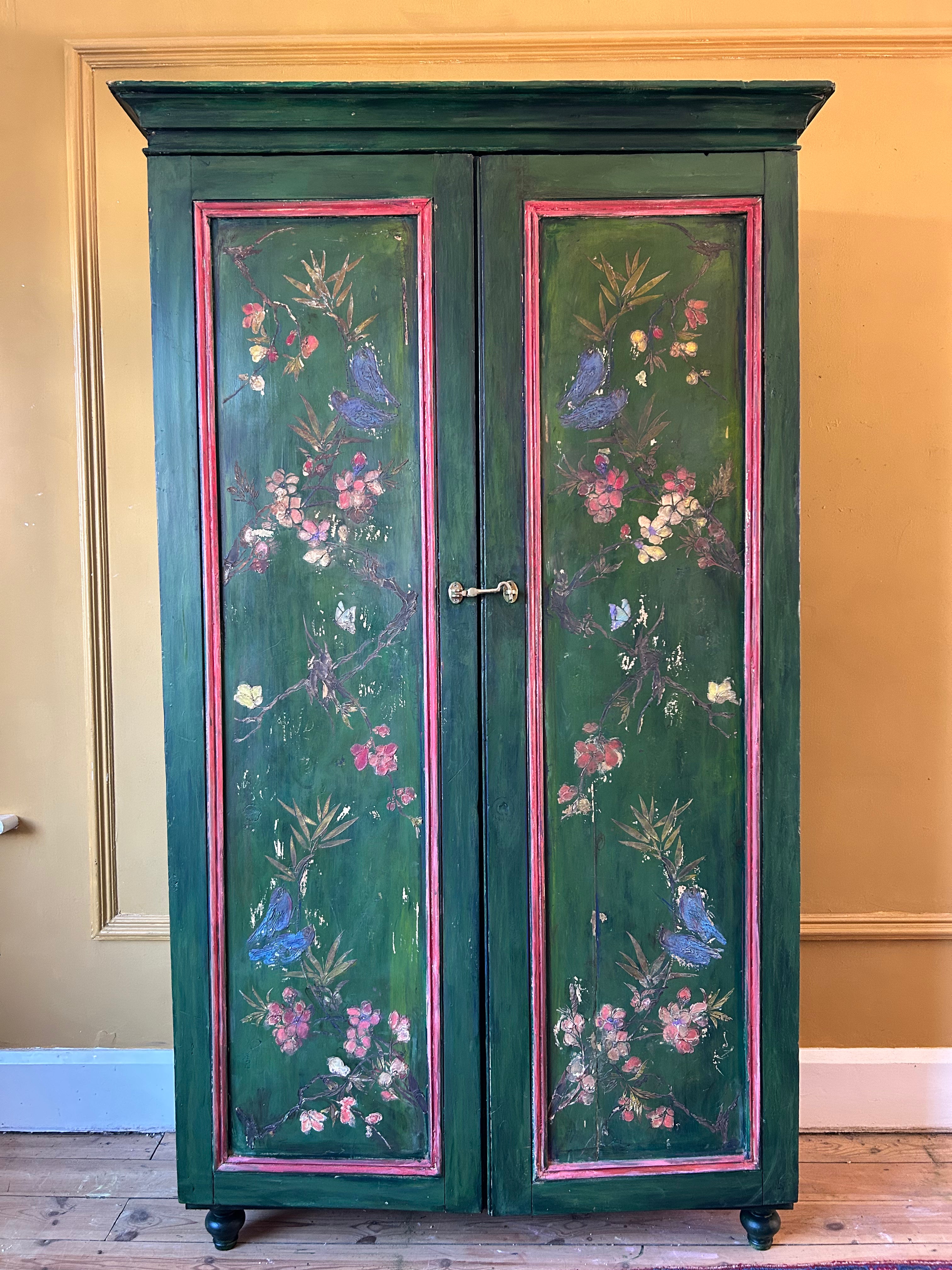 Vintage Painted Pine Cupboard with Inlaid Chinoiserie