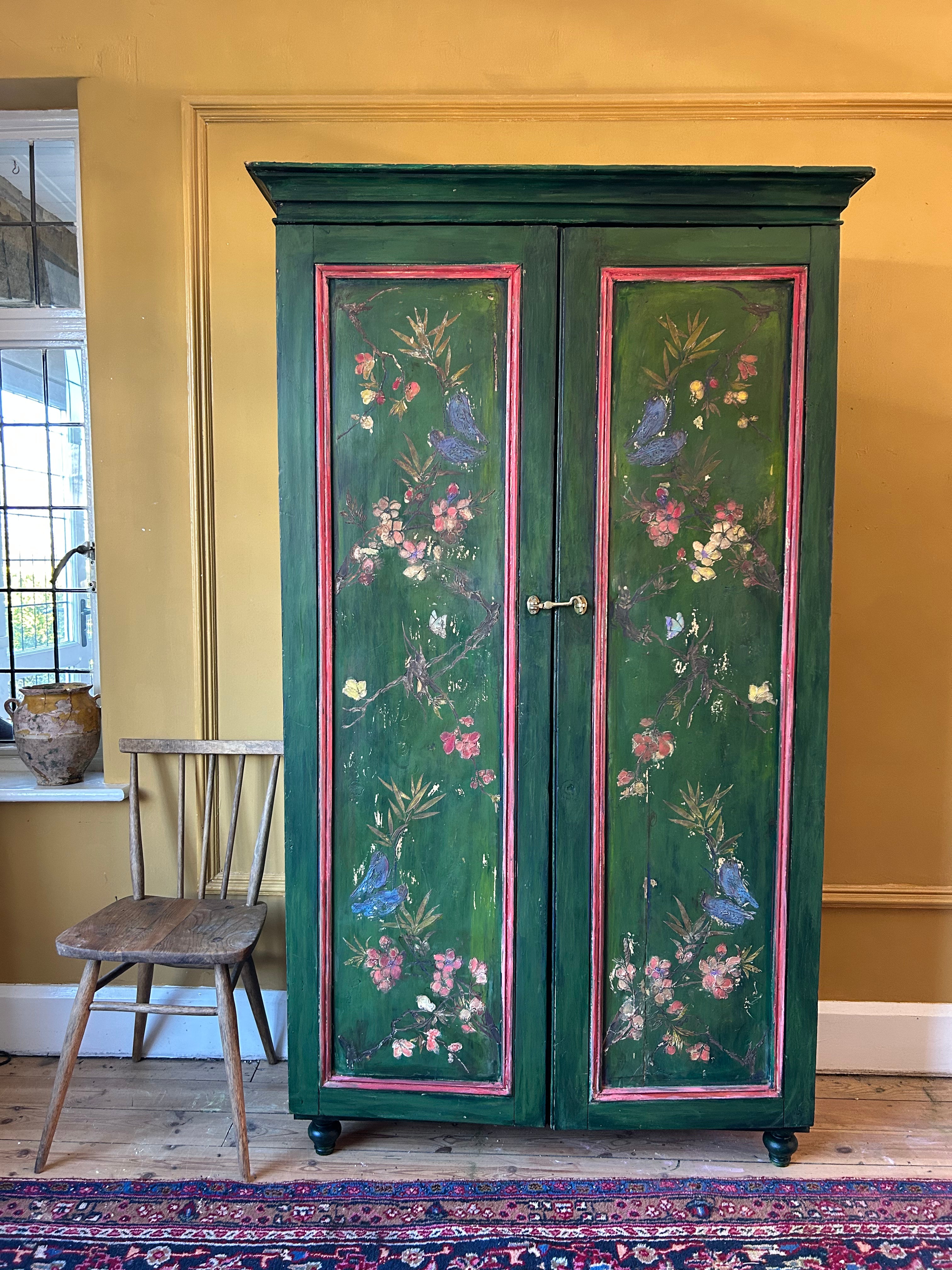 Vintage Painted Pine Cupboard with Inlaid Chinoiserie
