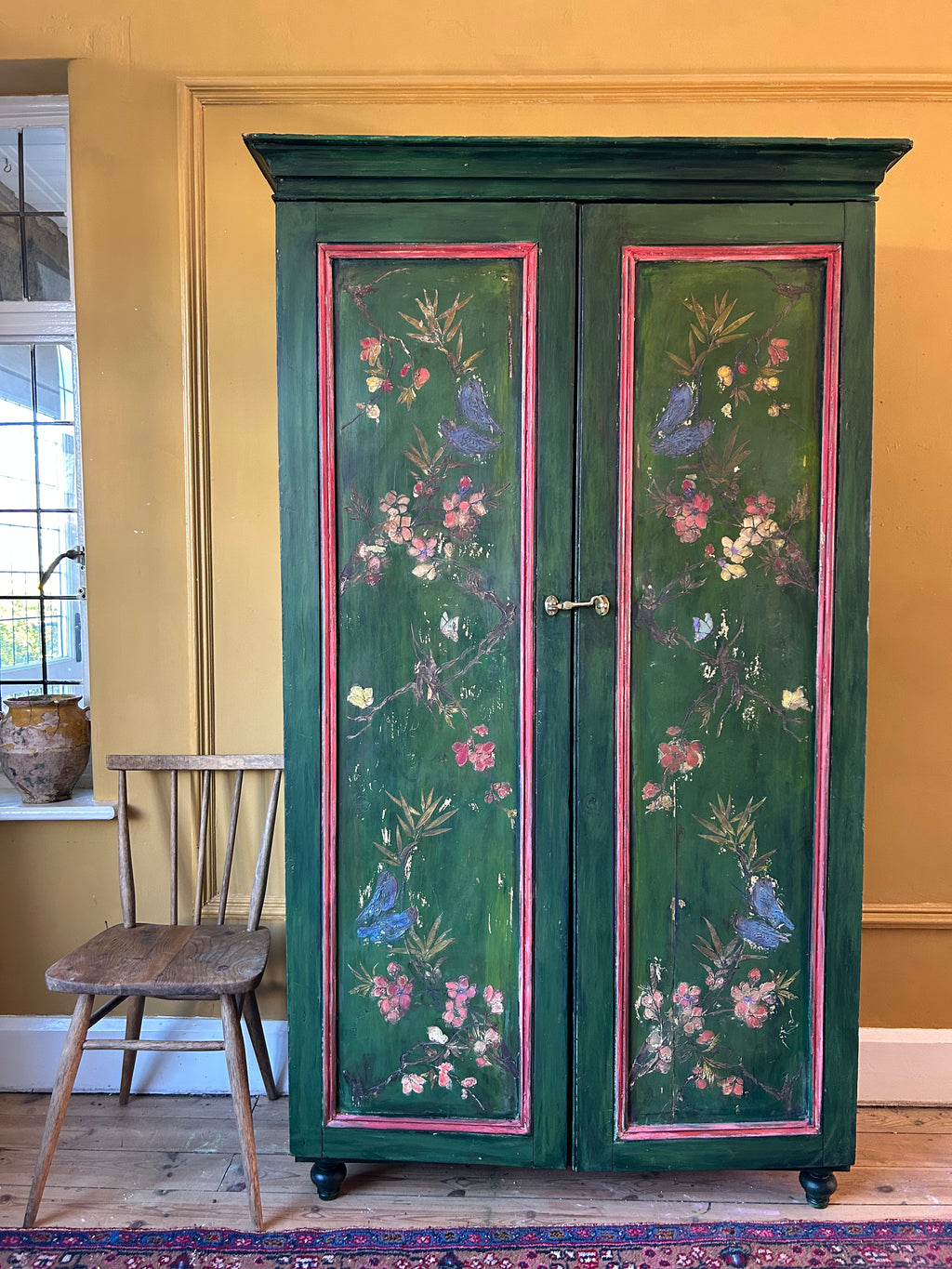 Vintage Painted Pine Cupboard with Inlaid Chinoiserie