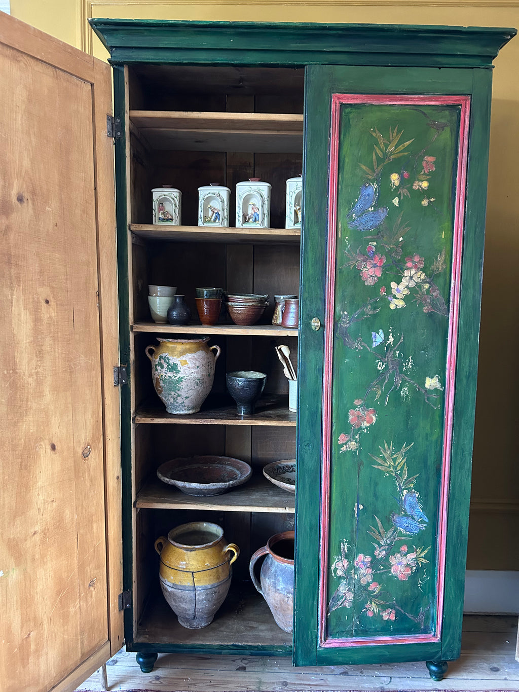 Vintage Painted Pine Cupboard with Inlaid Chinoiserie