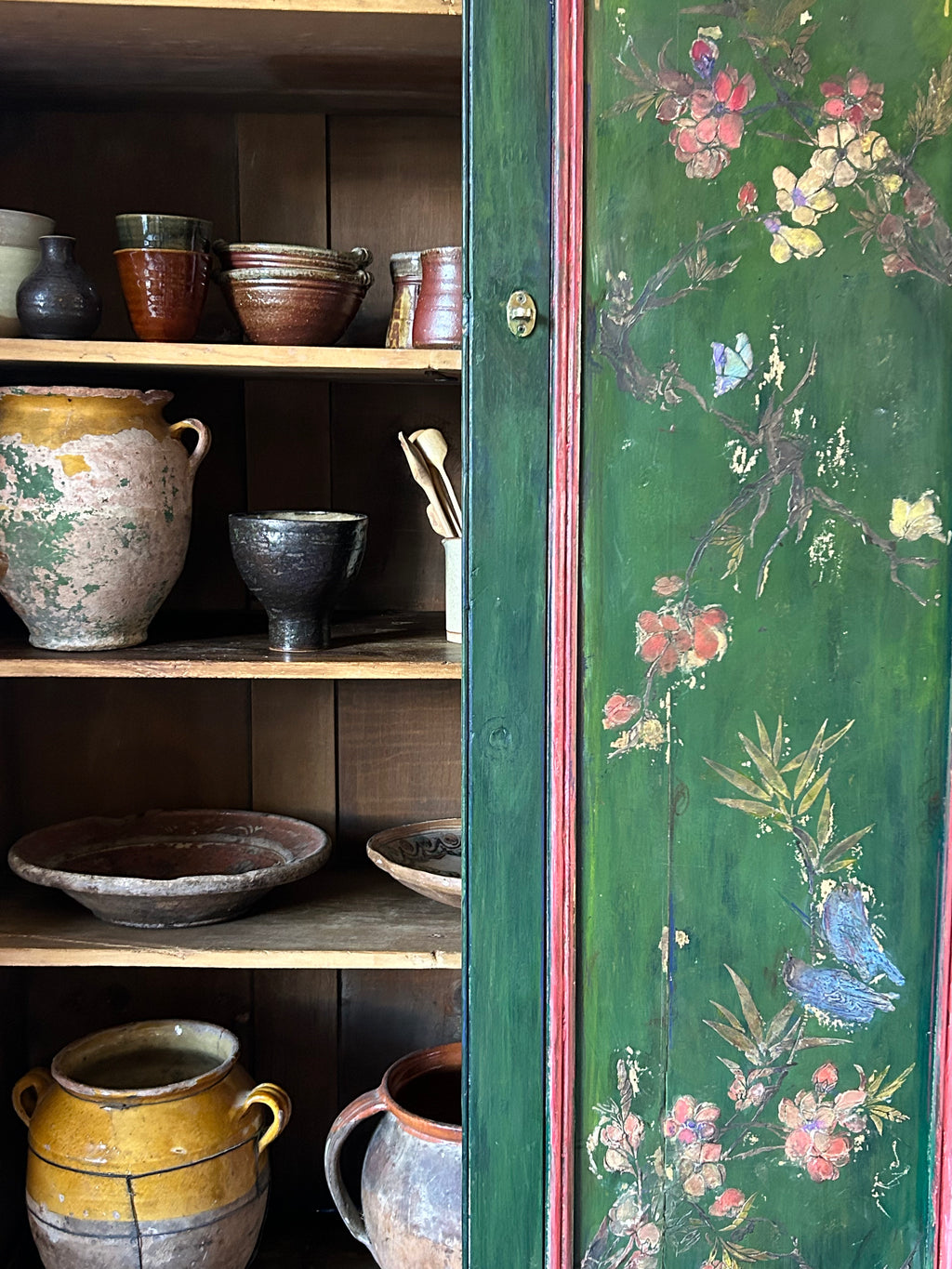 Vintage Painted Pine Cupboard with Inlaid Chinoiserie